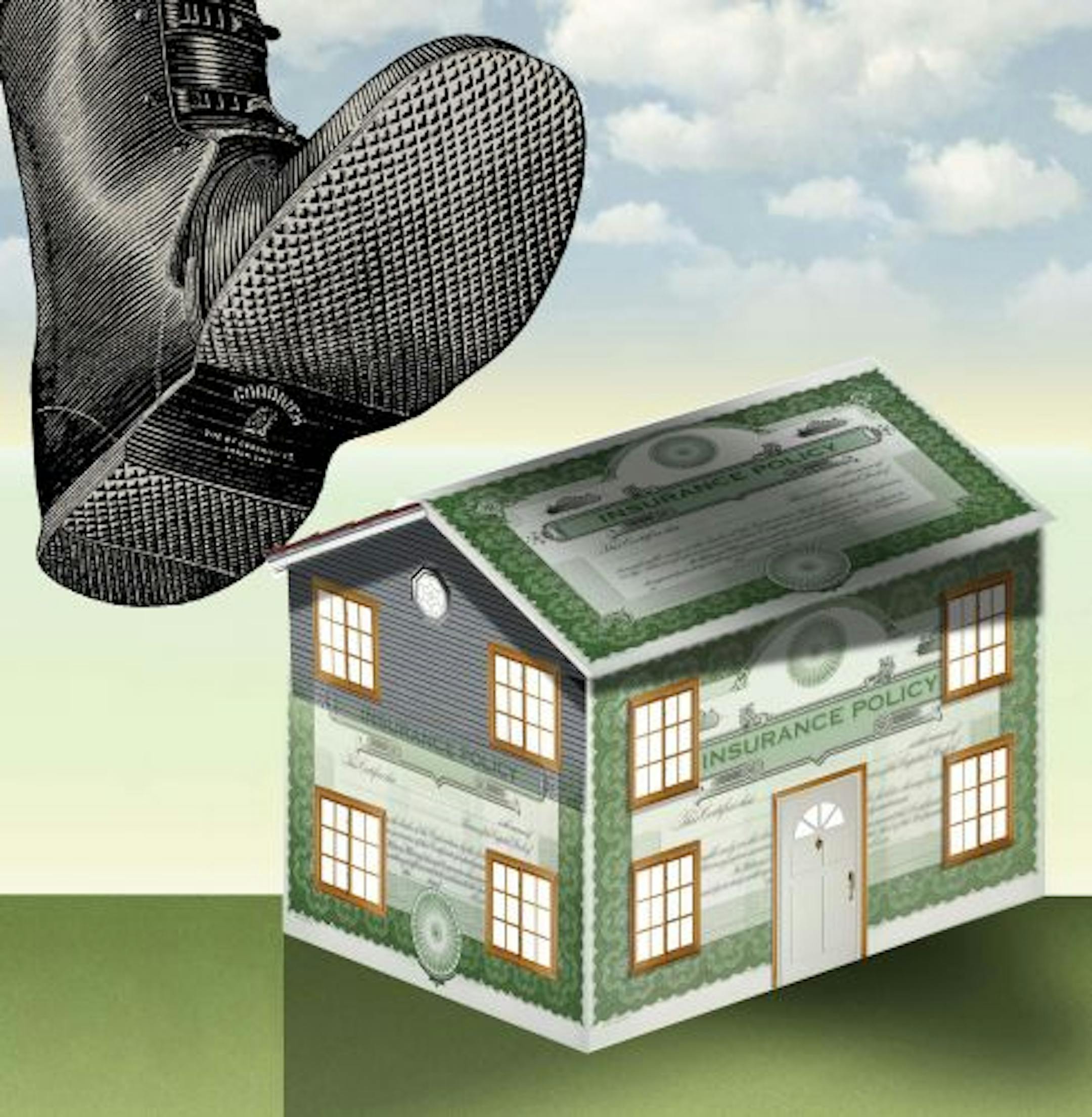 Philip Brooker color illustration of boot ready to stomp house constructed with insurance policies. The Miami Herald 2006 insurance crunch boot policy hurricane palm tree house krtbusiness business, krtnational national, krtnamer north america, krtrealestate real estate, krtusbusiness, u.s. us united states, krt, seguridad seguro seguros poliza casa hogar negocios illustration ilustracion grabado, 2006, krt2006, mi contributor coddington brooker mct mct2006