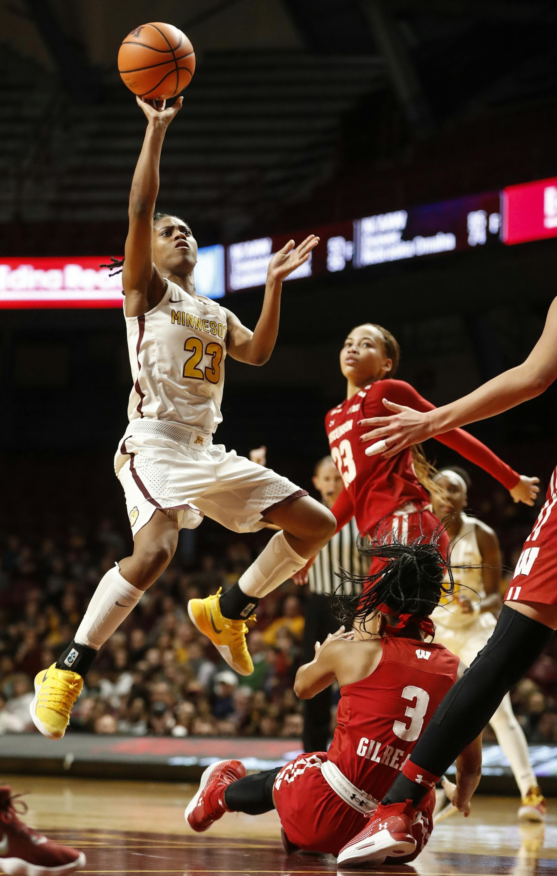 Minnesota Golden Gophers guard Kenisha Bell (23) shot a jump shot in the first half. ] RENEE JONES SCHNEIDER &#x2022; renee.jones@startribune.com The Minnesota Gophers Women's Basketball team played the Wisconsin Badgers on Wednesday, January 18, 2018, at Williams Arena, Minn.