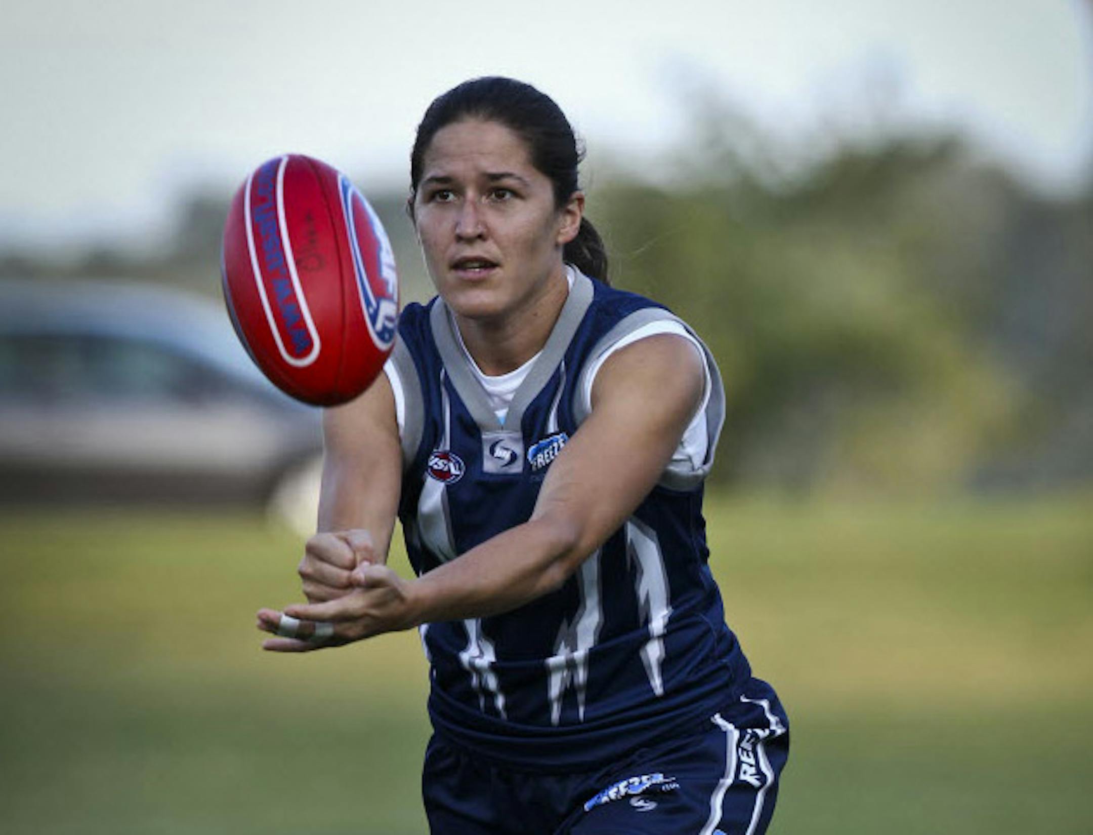 Marie LaVictoire practiced with the Minnesota Freeze, an Australian-rules football team. The sport combines elements of soccer, basketball, ultimate Frisbee, lacrosse and volleyball.