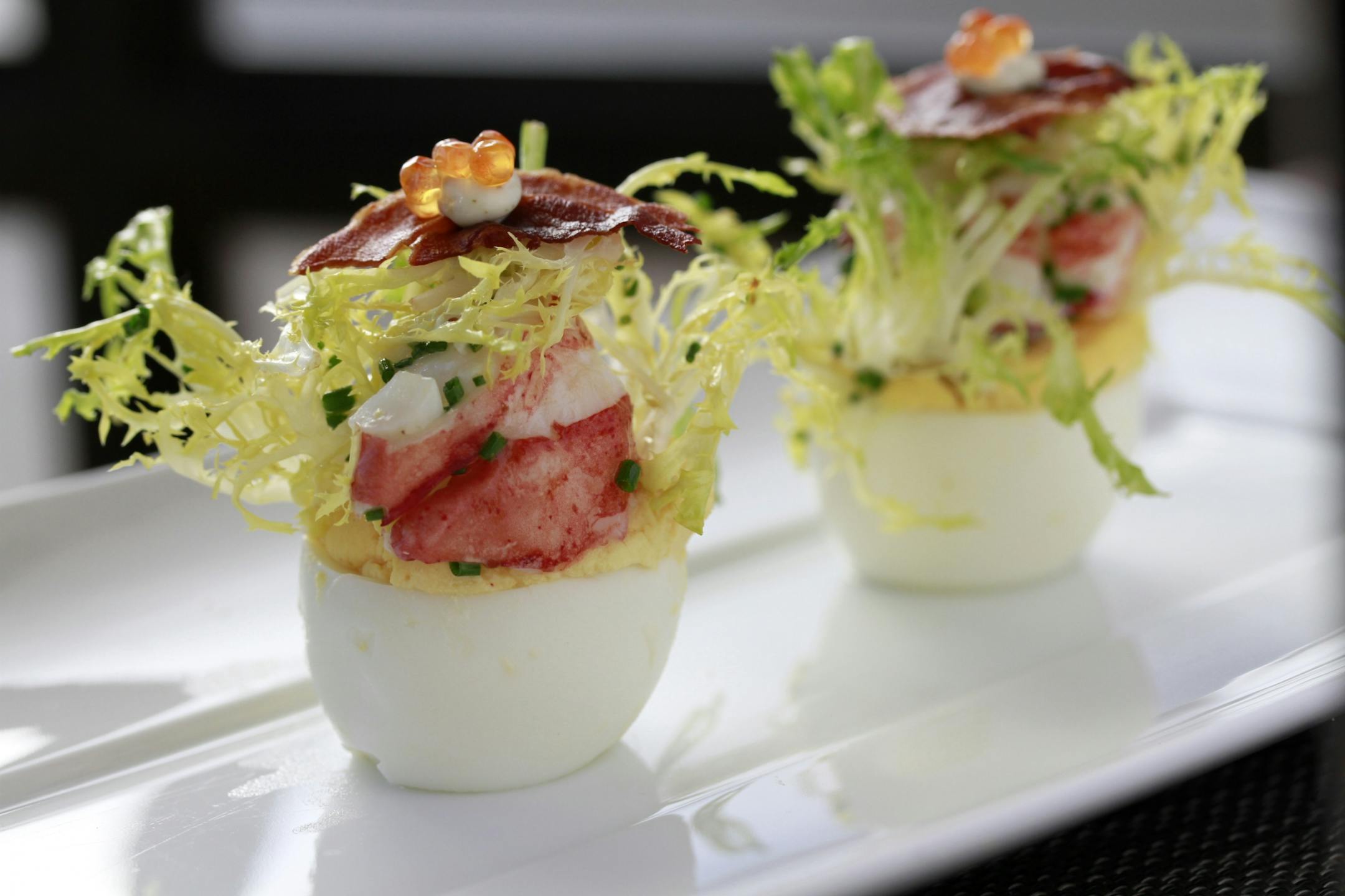Restaurant review, - Lela, - LOBSTER DEVIL EGGS , Pancetta, Tarragon Aioli
