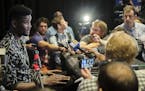 Arizona's DeAndre Ayton, left, speaks to reporters during a media availability with the top basketball prospects in the NBA Draft, Wednesday, June 20,