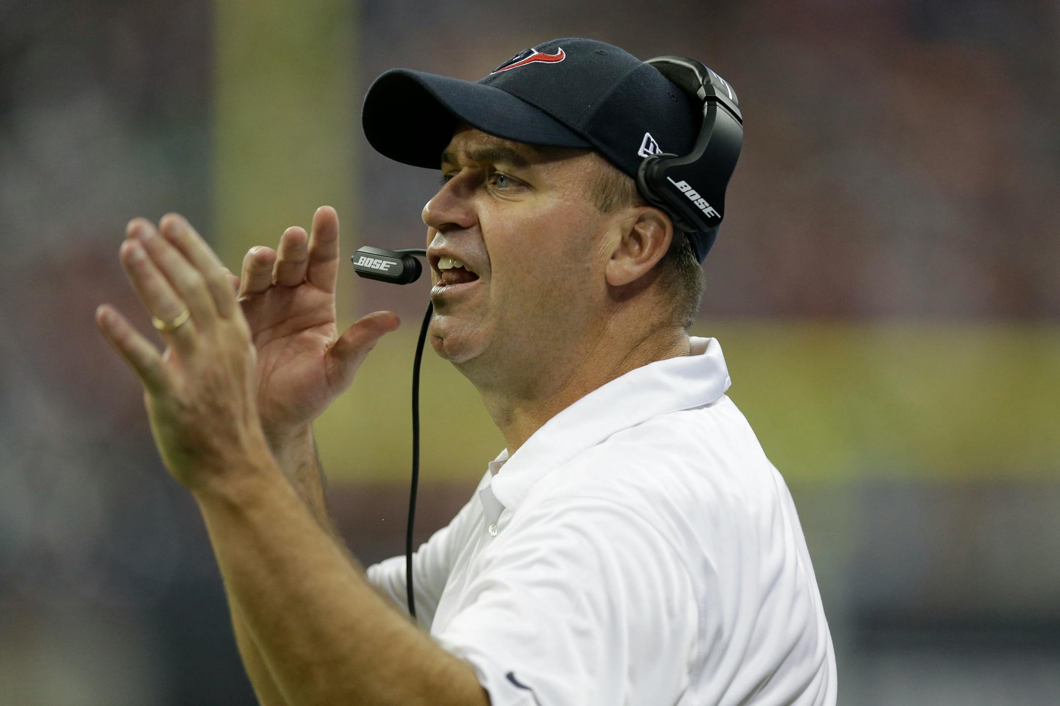 Houston Texans head coach Bill O'Brien calls a play during the fourth quarter of an NFL preseason football game against the Atlanta Falcons Saturday, Aug. 16, 2014, in Houston. (AP Photo/Patric Schneider) ORG XMIT: HTT1