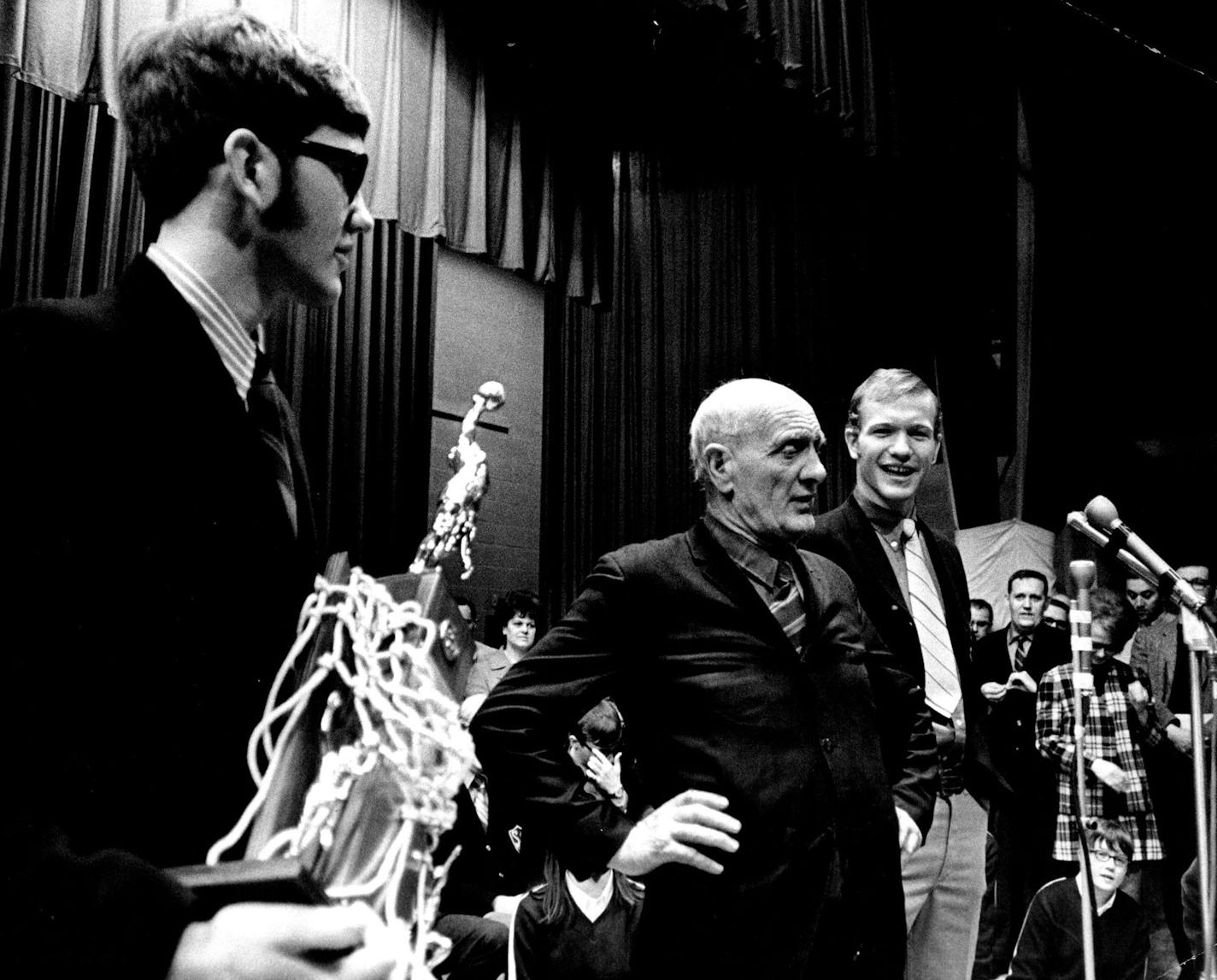 March 23, 1970 Sherburn mascot, George Packard, 67, left, and Raider ace Jeff McCarron greeted fans at Sherburn assembly Sunday. March 22, 1970