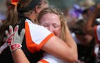 Farmington infielder Olivia Hazelbaker celebrated with Emma Frost after their victory. ] MARK VANCLEAVE &#xef; mark.vancleave@startribune.com * The Fa