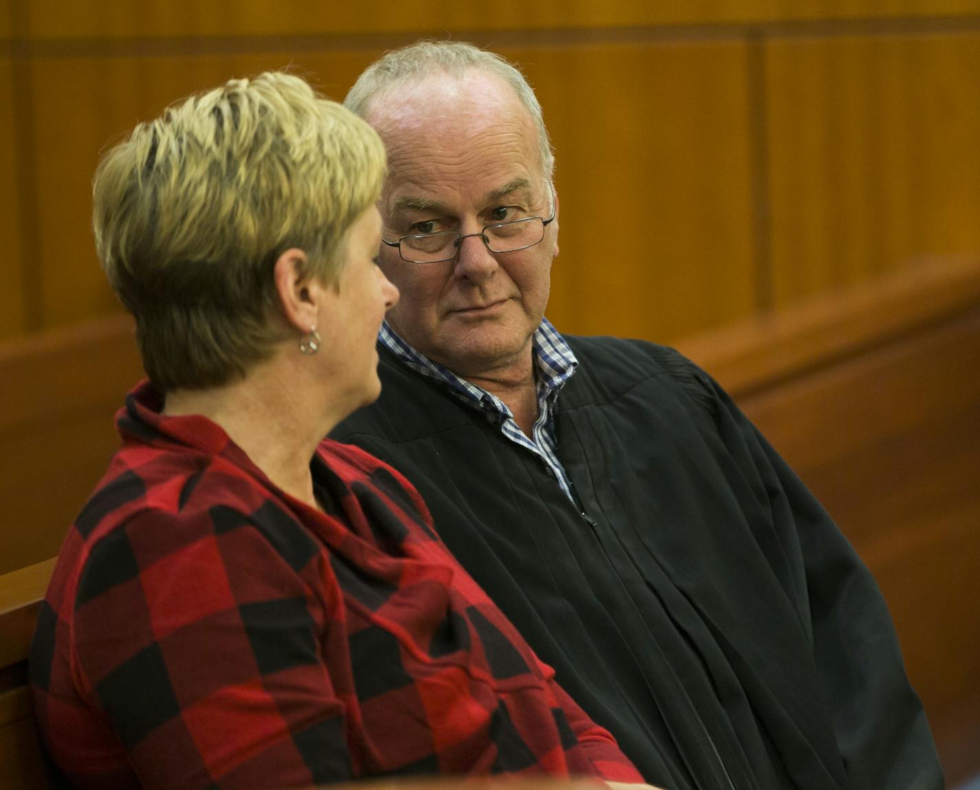 Judge Rex Stacey sat with Sydney Kolnberger's mother Georgene, whose daughter was up for a review of her case.