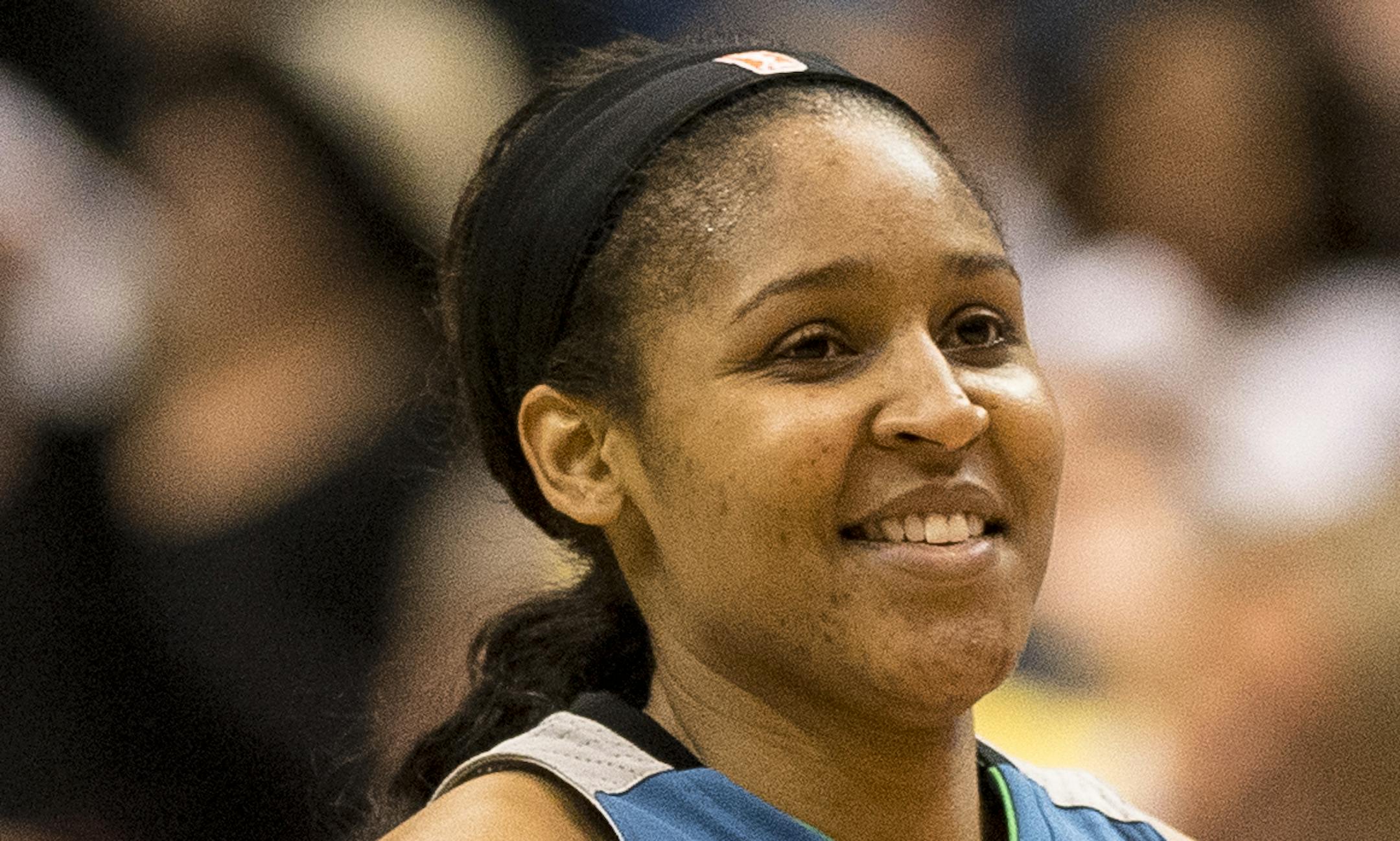 Minnesota Lynx forward Maya Moore (23) smiled after hitting a 3-pointer against the Phoenix Mercury in the second half. ] (AARON LAVINSKY/STAR TRIBUNE) aaron.lavinsky@startribune.com The Minnesota Lynx played the Phoenix Mercury on Saturday, May 14, 2016 at Target Center in Minneapolis, Minn.