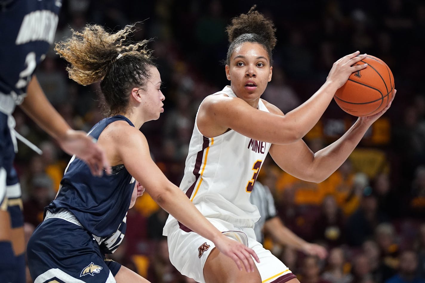 Gophers guard Destiny Pitts (3) has been a teammate, mentor and friend to emerging sharpshooter Sara Scalia.