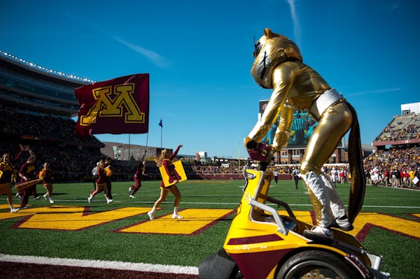 Goldy Gopher and the University of Minnesota spirit quad stormed the field after a rushing touchdown last season vs. Rutgers.