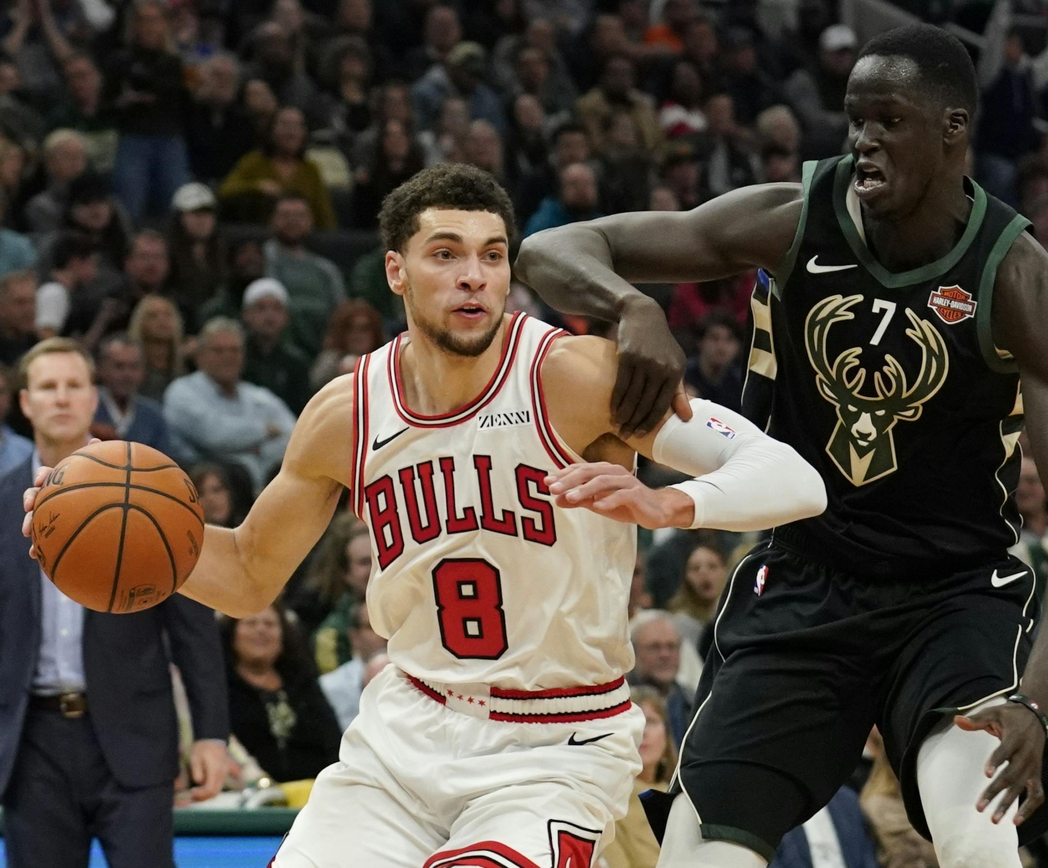 Chicago Bulls' Zach LaVine tries to drive past Milwaukee Bucks' Thon Maker during the second half of an NBA basketball game Friday, Nov. 16, 2018, in Milwaukee. The Bucks won 123-104. (AP Photo/Morry Gash)