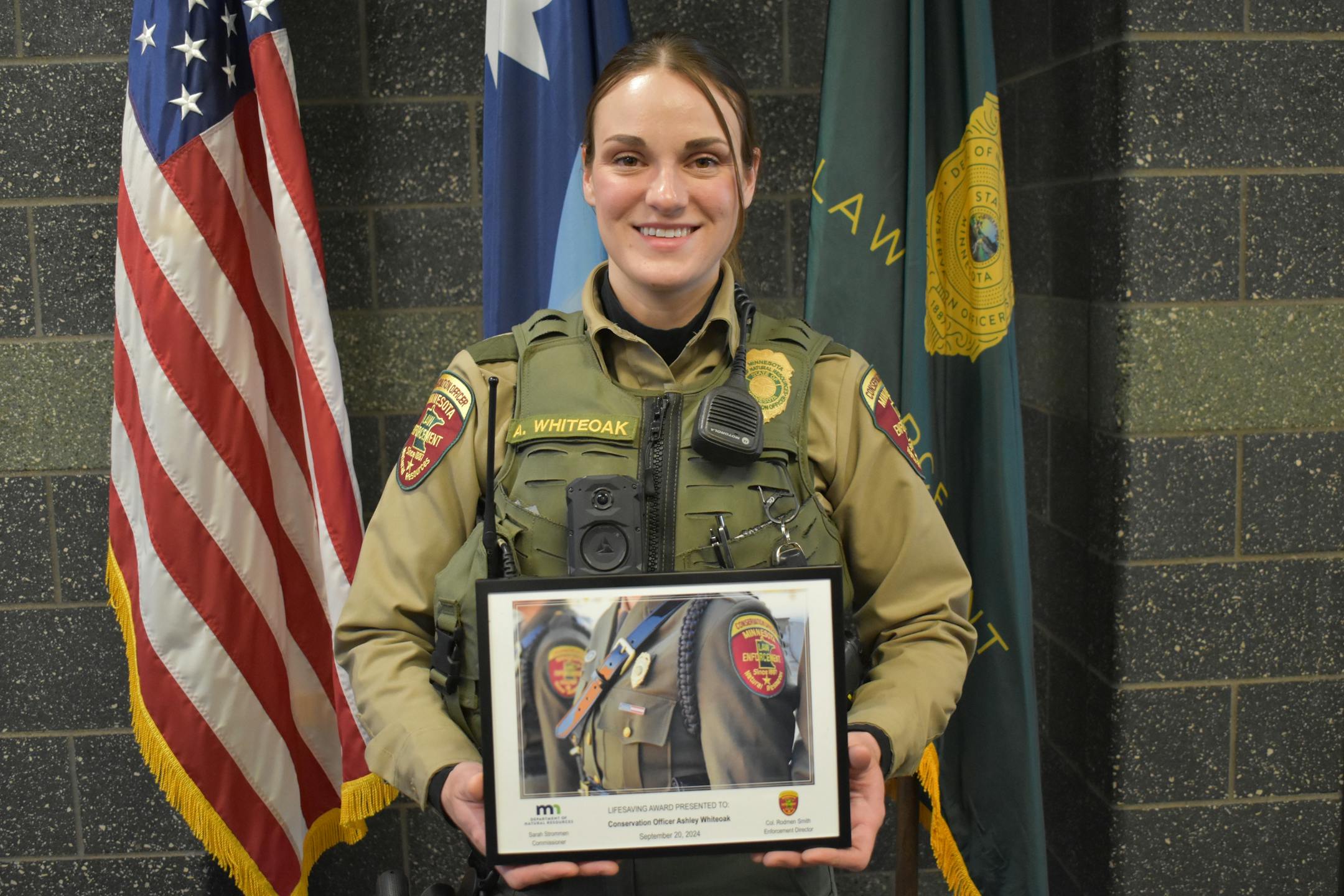 DNR conservation officer Ashley Whiteoak of Mora, along with COs Andrew Dirks and Mike Krauel and K9 Bolt, and K9 Unit Leader Capt. Phil Mohs and K9 Mack, located a lost 71-year-old hunter after dark.