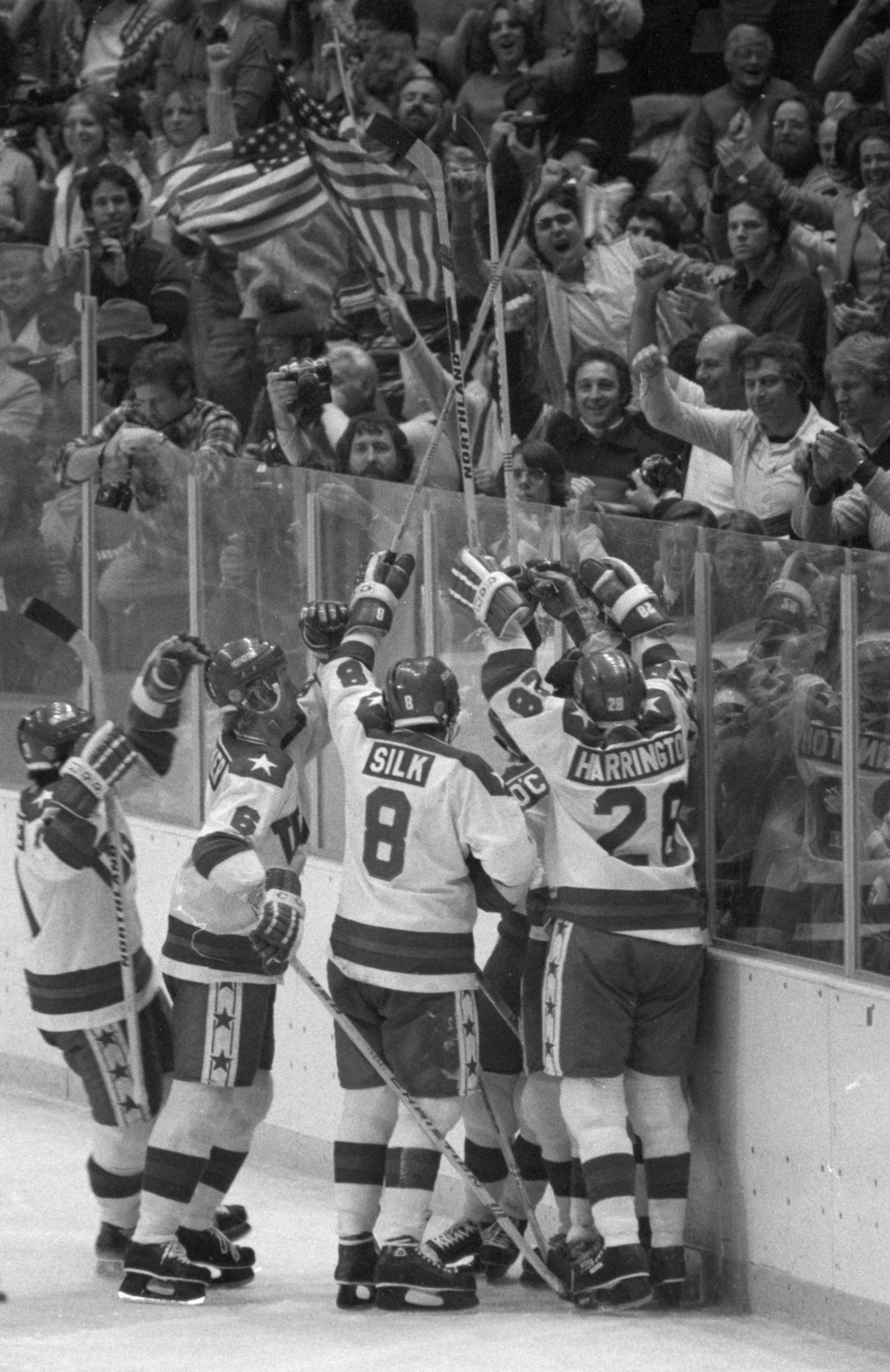 Lake Placid, New York, February 1980 - Miracle on Ice - the USA hockey team defats the soviets on the way to a gold medal victory over Finland. -- USA v soviets game - celebration of USA goal - probably the the goal that tied the game 3-3.