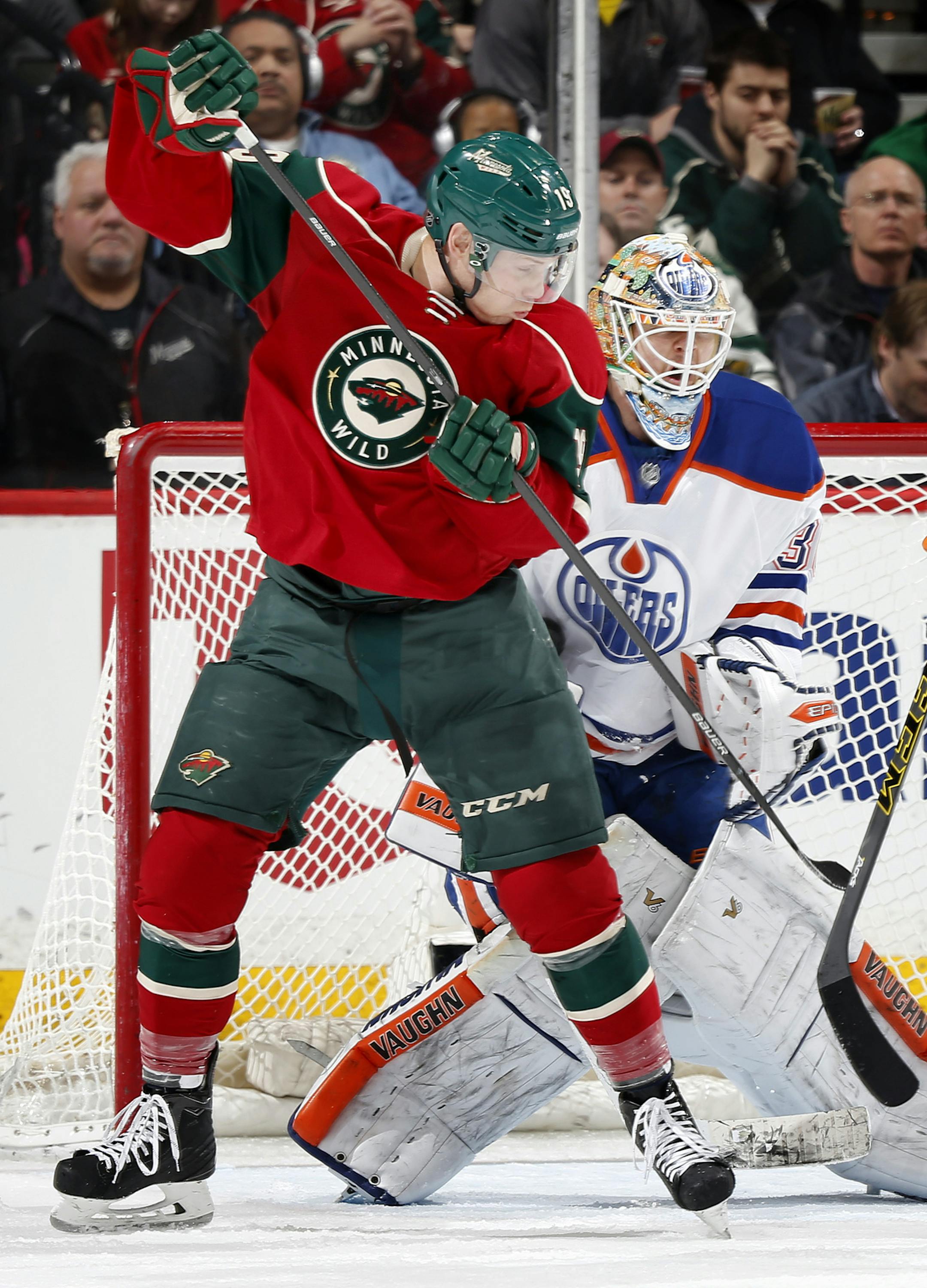 Edmonton Oilers goalie Ben Scrivens (30) block a shot that Stephane Veilleux (19) attempted to deflect in the second period. ] CARLOS GONZALEZ cgonzalez@startribune.com, February 24, 2015, St. Paul, Minn., Xcel Energy Center, NHL, Minnesota Wild vs. Edmonton Oilers