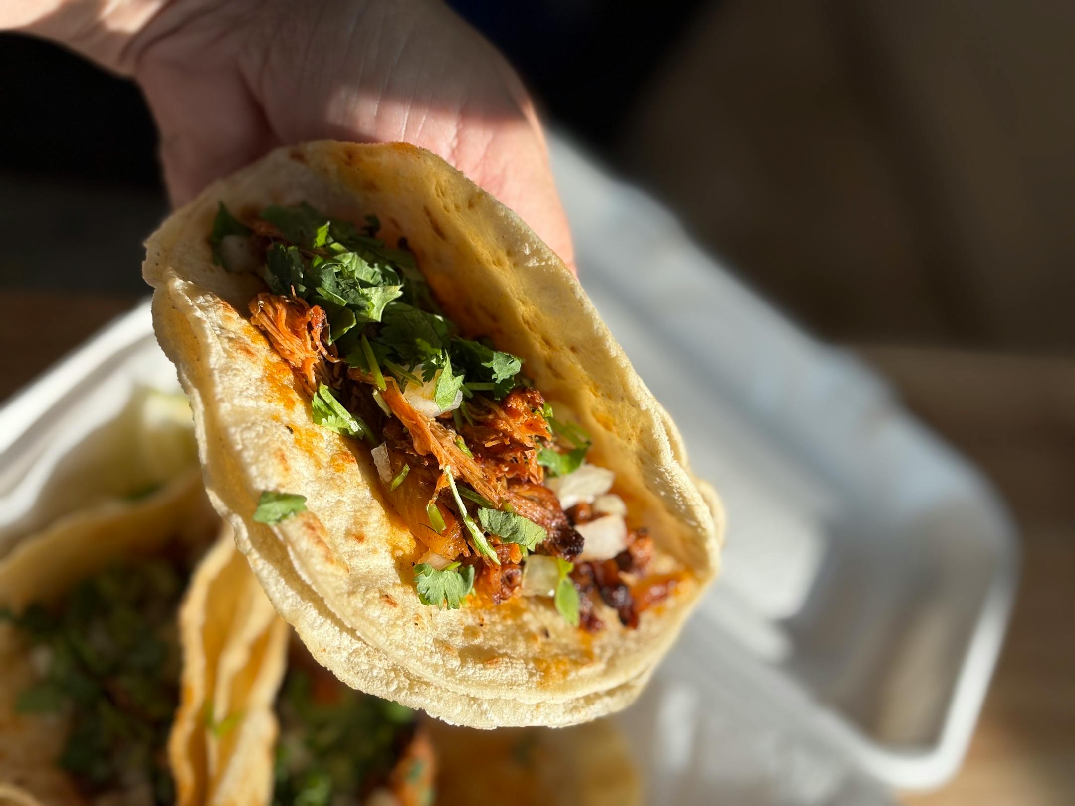 Two corn tortillas layered and loaded with slow roasted pork glazed in a subtly sweet sauce, served with cilantro and onions.