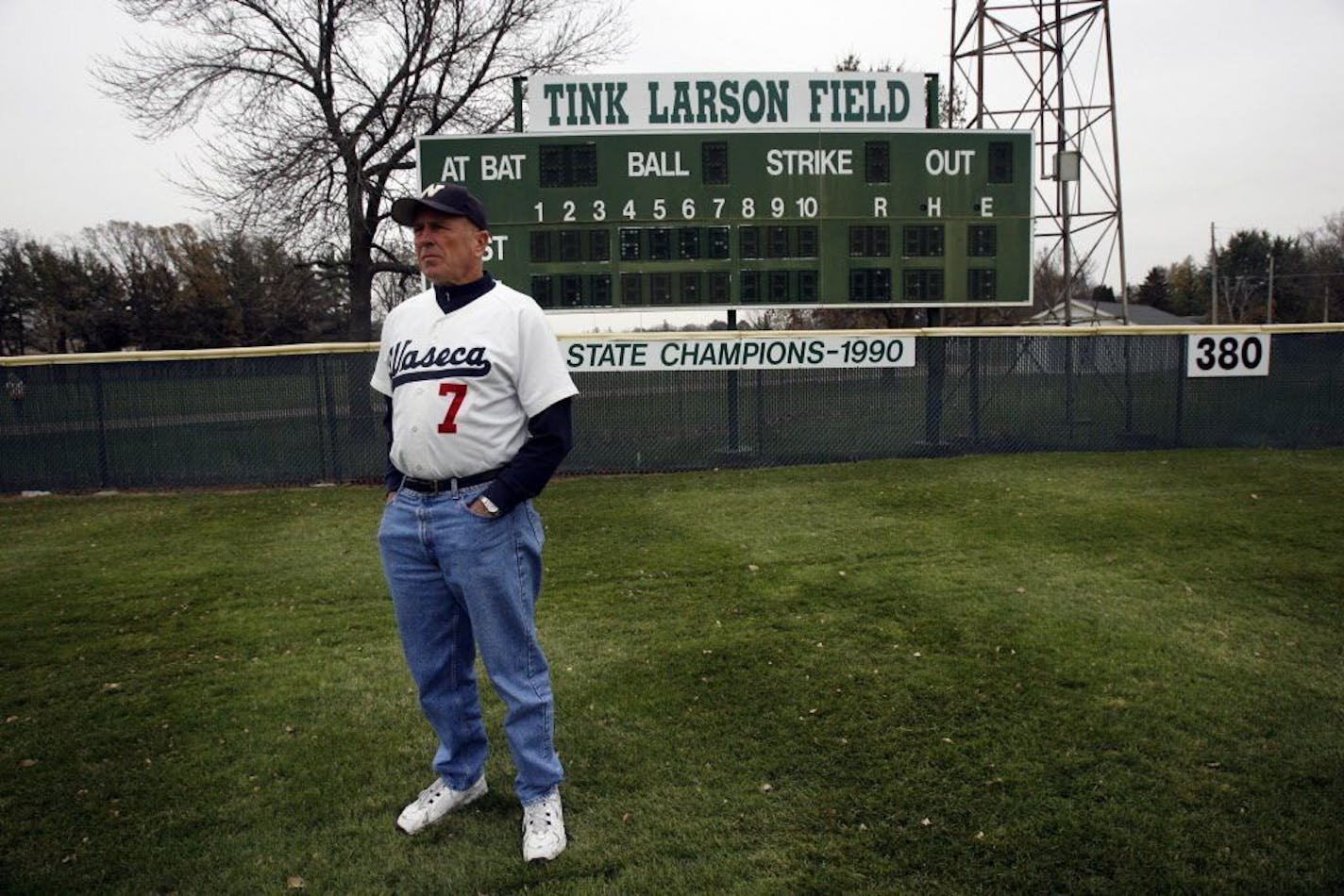 FILE -- Tink Larson stood in front of the scoreboard at the Waseca baseball field named after him in this photo from Oct. 26, 2006.