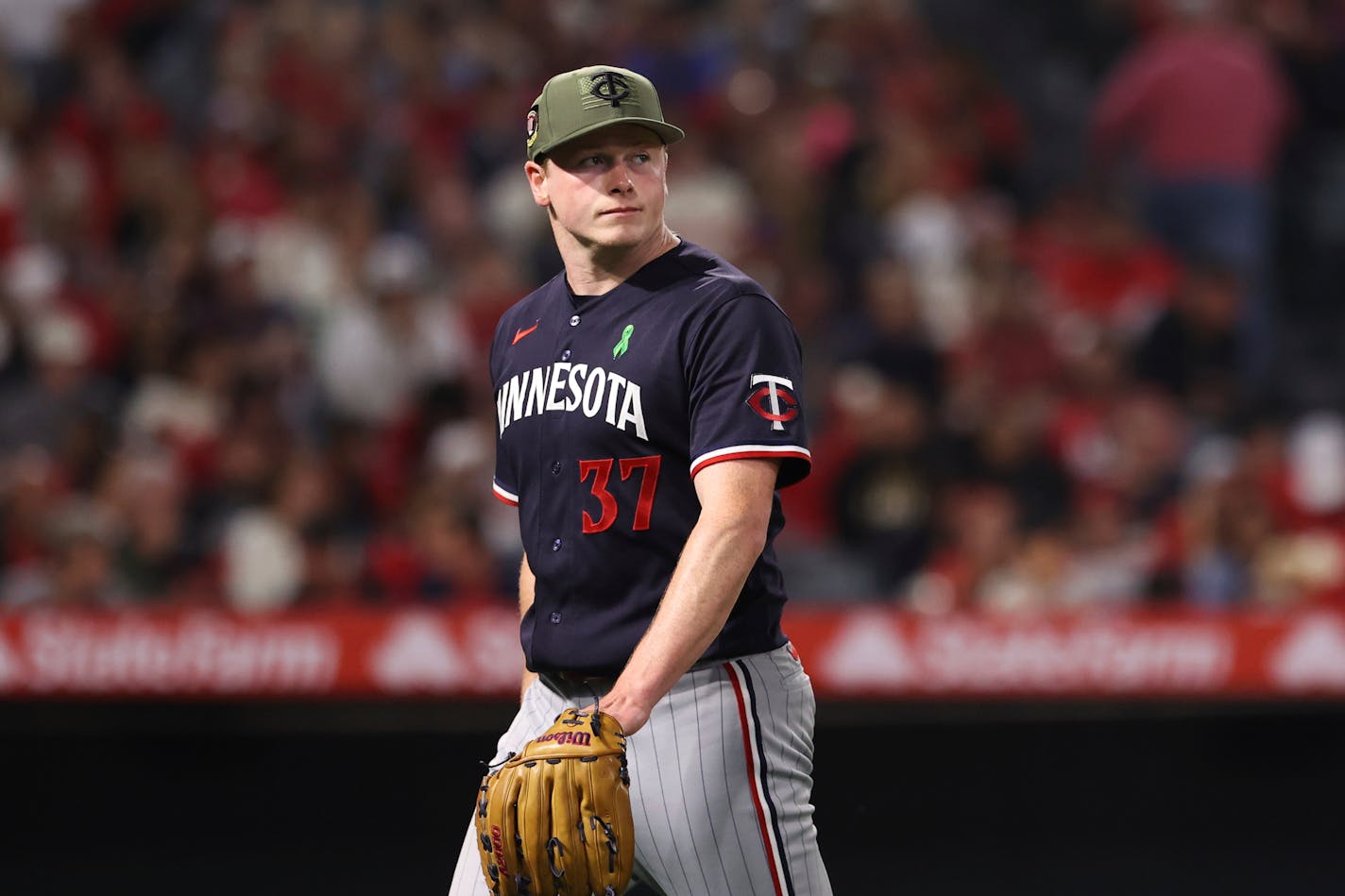 Twins starting pitcher Louie Varland left the during the sixth inning vs. the Angels Saturday in Anaheim, Calif.