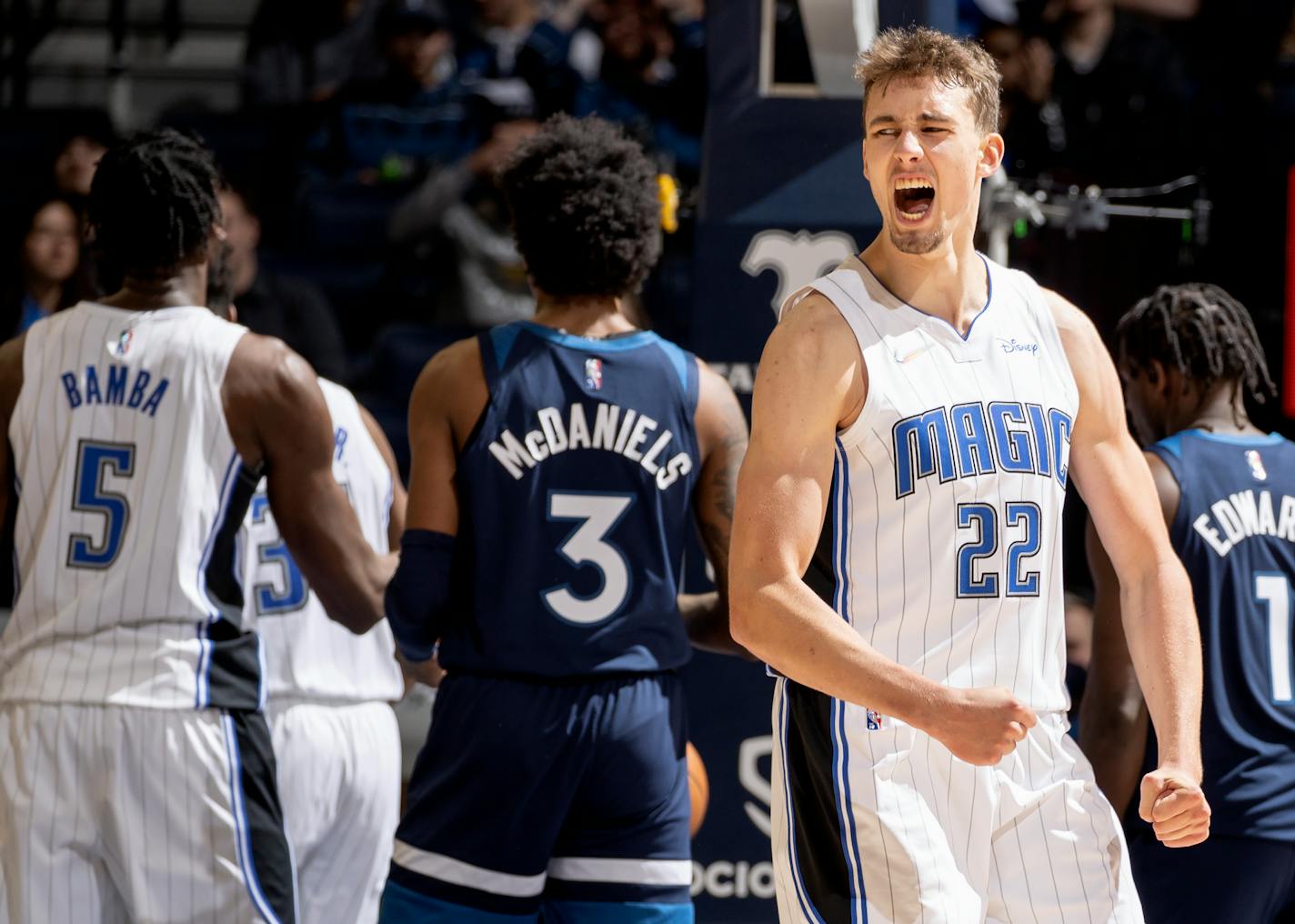 Franz Wagner (22) of the Orlando Magic reacts after a teammate scored in the fourth quarter Monday, Nov. 1 at Target Center in Minneapolis.