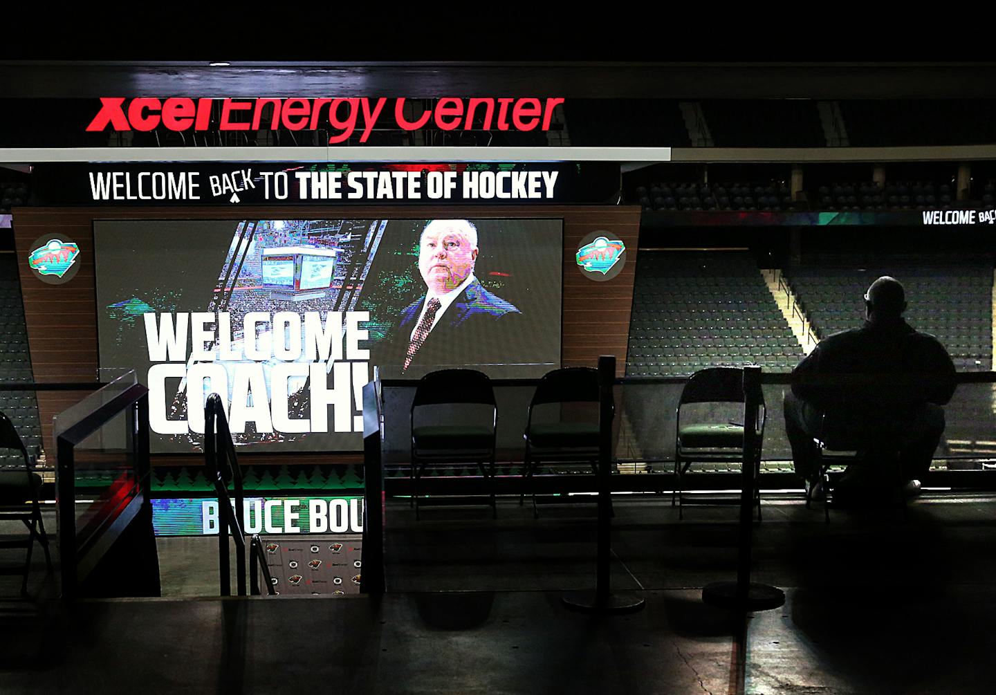 A large welcome message was posted on the scoreboard at Xcel Energy Center, where new Minnesota Wild head coach, Bruce Boudreau, was introduced during a news conference. ] JIM GEHRZ &#xef; james.gehrz@startribune.com / St. Paul, MN / May 10, 2016 /12:00 PM &#xf1; BACKGROUND INFORMATION: The Minnesota Wild will introduce Head Coach Bruce Boudreau to the media at a press conference on Tuesday, May 10, at noon on the floor of the Xcel Energy Center.