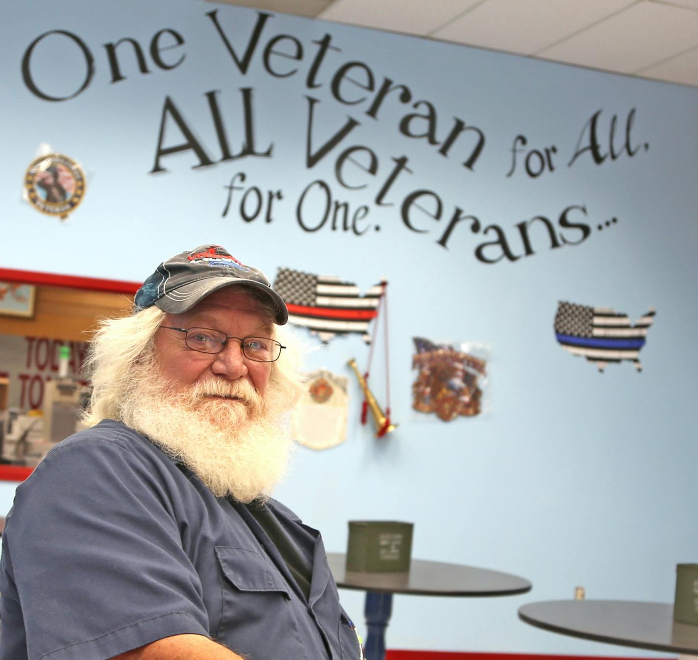 Steve Gallaspie of Arlington, Minn., soutwest of the Twin Cities, in the "Veteran's Mess Hall'' restaurant he plans to open once the coronavirus pandemic subsides. The cafe on Arlington's main street will be a fund-raiser for the fishing group Veterans on the Water that Gallaspie founded. The group gives free fishing trips to all veterans.