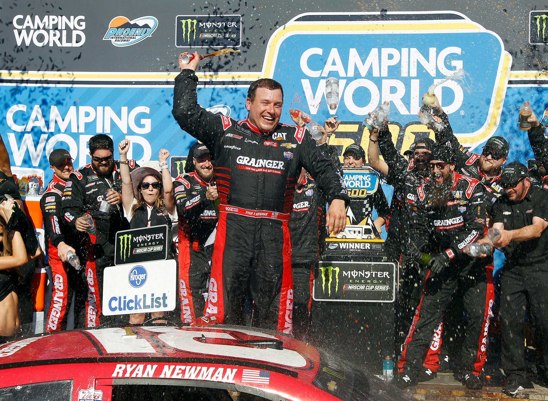 Ryan Newman celebrated in Victory Lane after winning the NASCAR race at Phoenix International Raceway on Sunday in Avondale, Ariz.