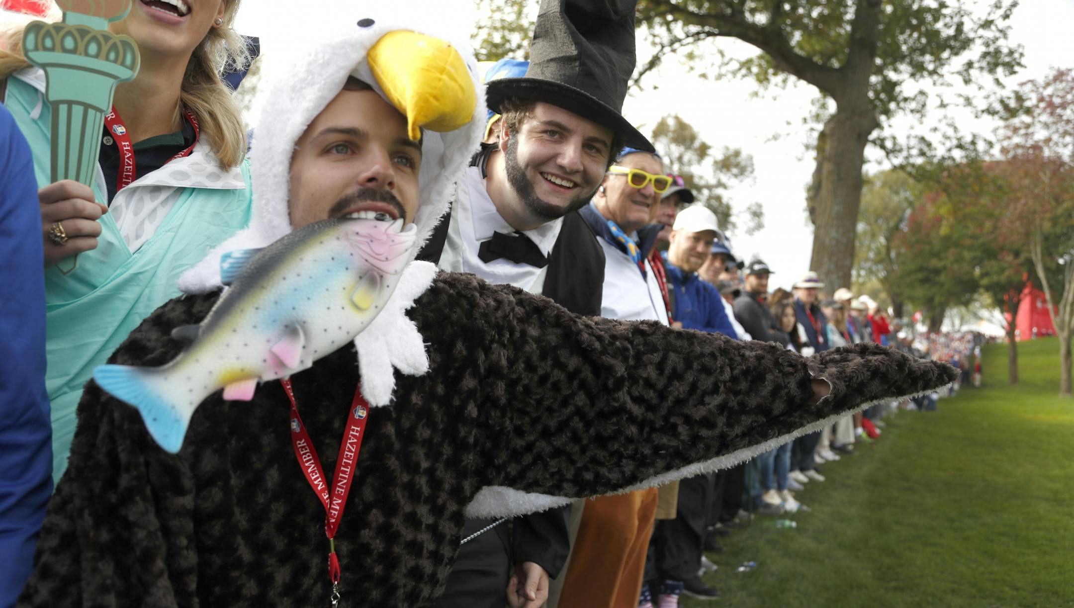 In the eagle costume, Andrew Erhart, was one of the 50 thousand spectators that were on hand for the opening day of the 2016 Ryder Cup, Friday morning play at Hazeltine National Golf Club in Chaska, Minnesota, with foursomes competition.
