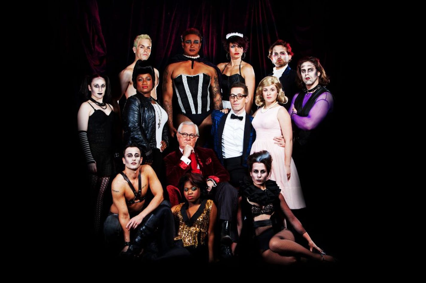 Don Shelby (The Narrator, center) and the cast of "Rocky Horror Show."