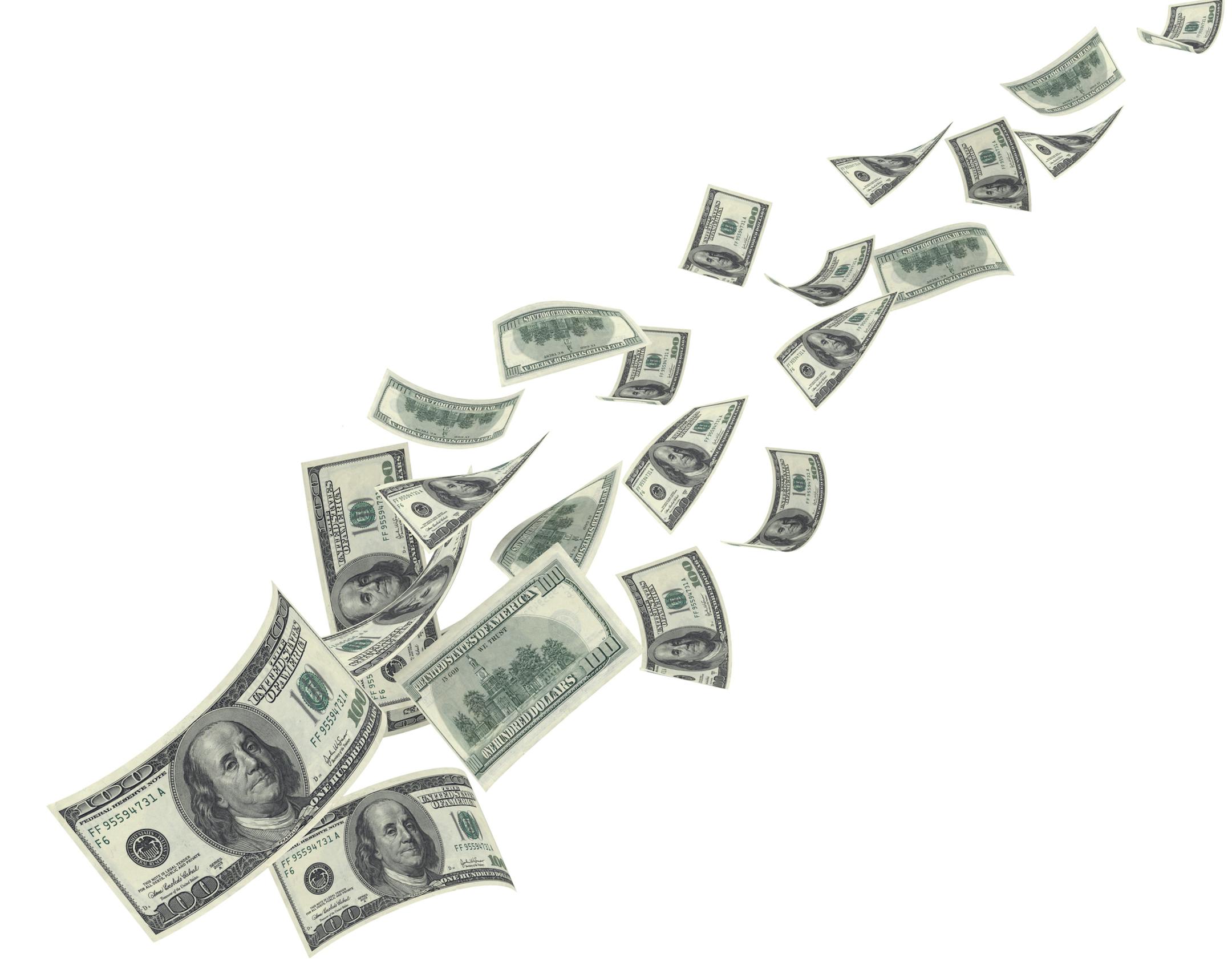 Us currency $100 both from front and back like real falling on white background