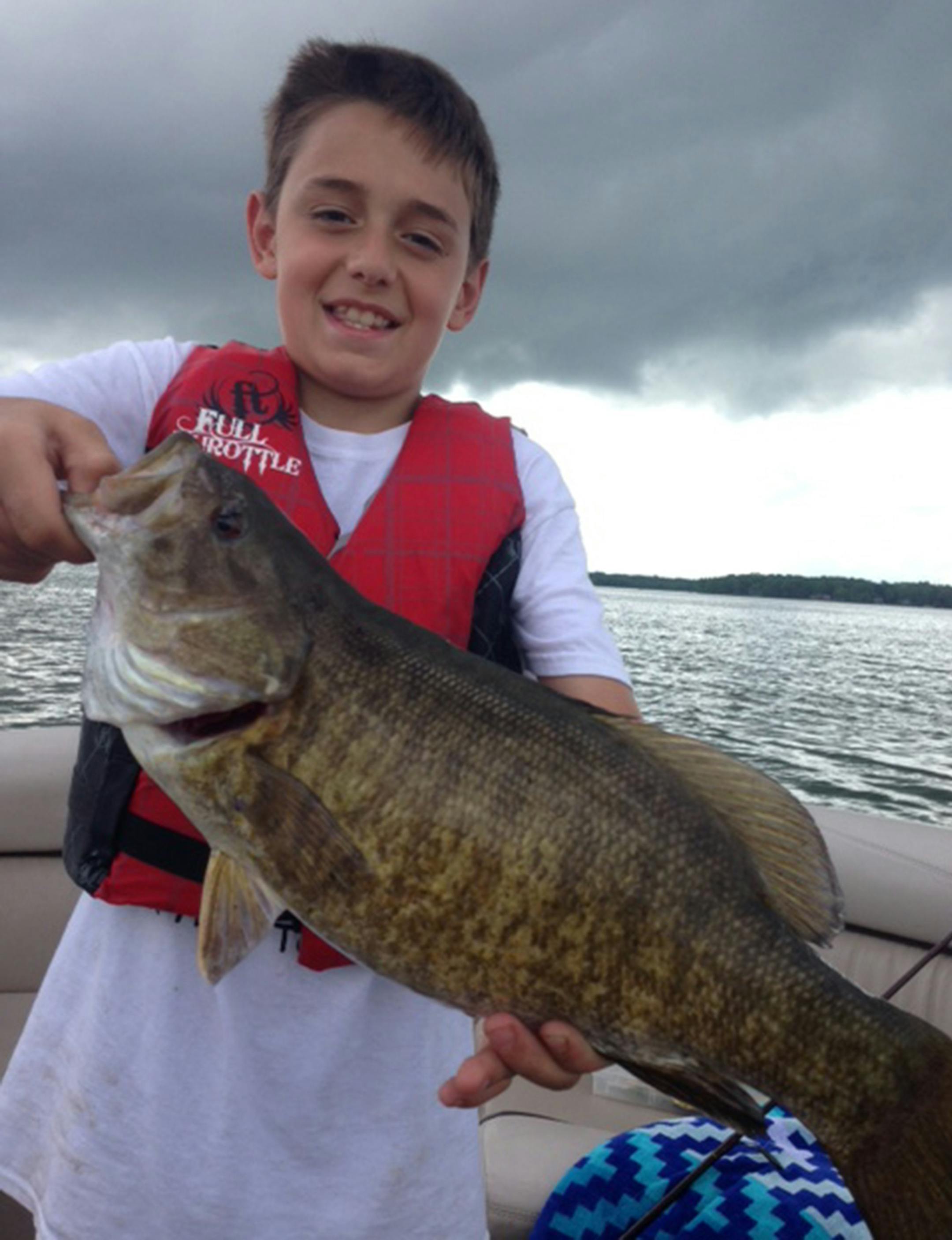 Drew Casey, 11, of Eden Prairie caught this 20-inch smallmouth bass on Ten Mile Lake in Hackensack. "It was windy and we were trying to catch walleyes without much luck,'' he said. "It was nice and quiet by some rocks in shallow water and I was using a jig and leech. After a couple of casts the smalley hit the leech.''