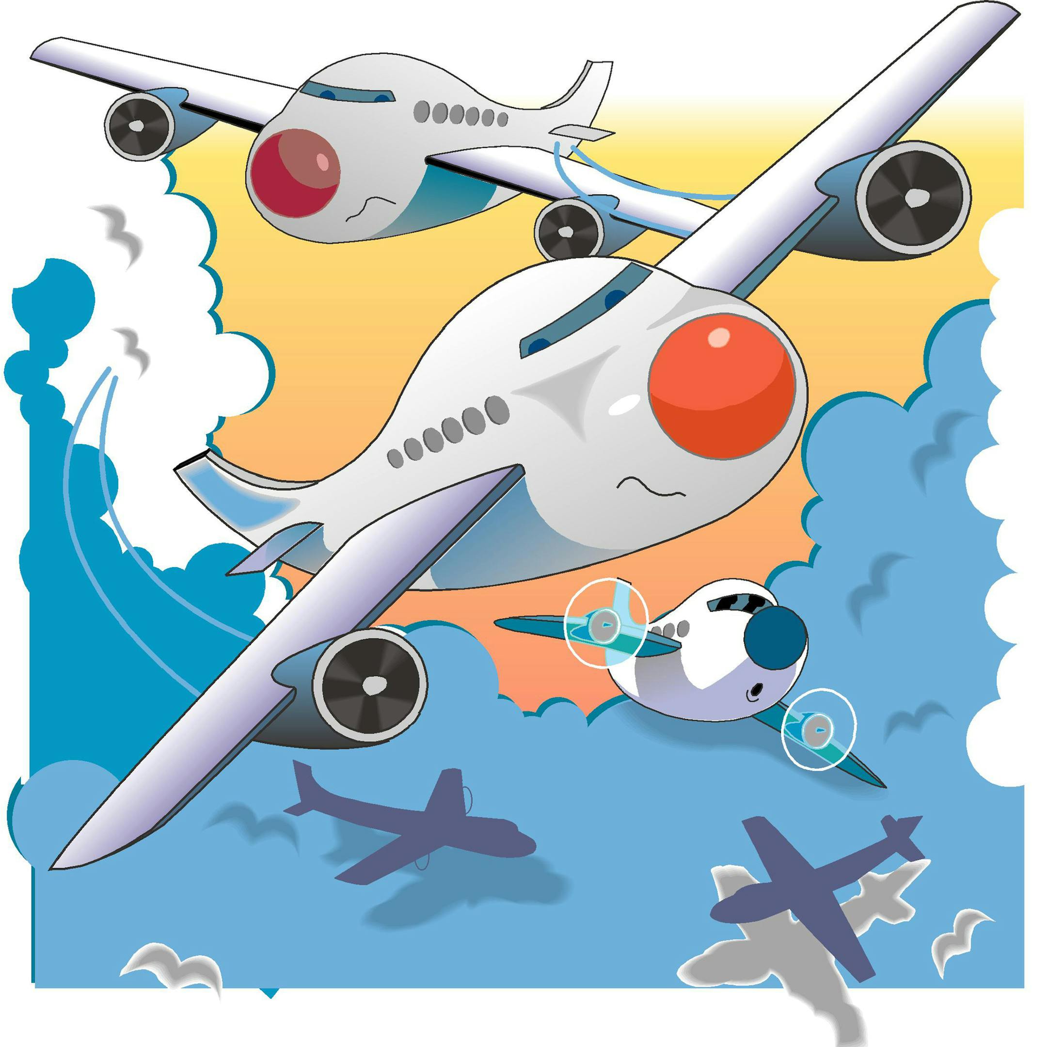 300 dpi Enrique Rodriguez illustration of a sky crowded with airplanes. Lexington Herald-Leader 1995<p> krtnational national; krtworld world; krt; krtcampus campus; mctillustration; 04000000; 04015001; AIR; aircraft; airplane; FIN; krtbusiness business; krtintlbusiness; krtnamer north america; krttransportation transportation; krtusbusiness; plane; u.s. us united states; air traffic controller; crowded sky; lx contributed rodriguez; 1995; krt1995 ORG XMIT: 1109524