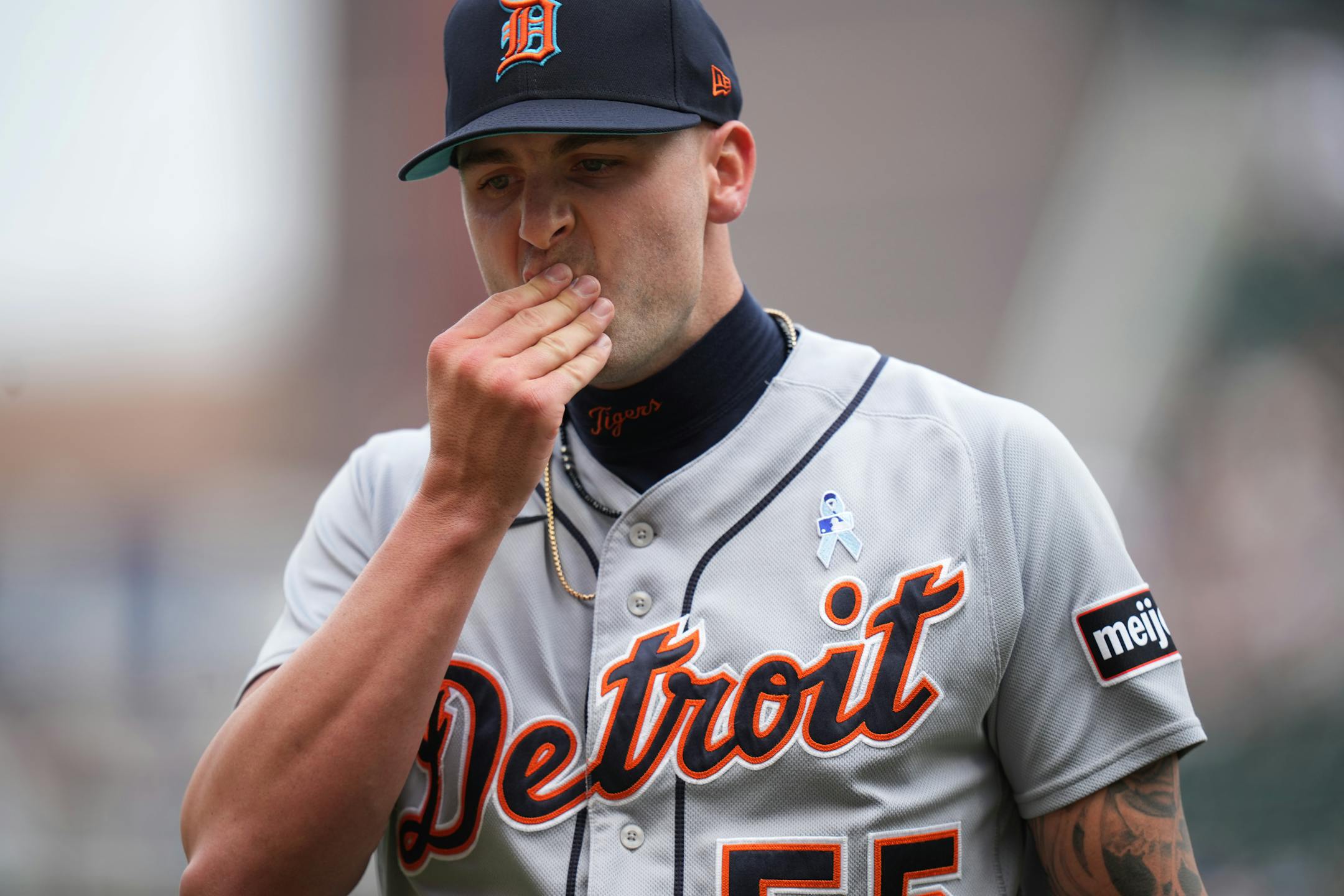 Detroit Tigers relief pitcher Alex Lange (55) leaves the game after a couple batters.