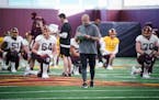 Coach P.J. Fleck gathered the Gophers football team for practice in early March, but coronavirus concerns have postponed spring practices for the fore