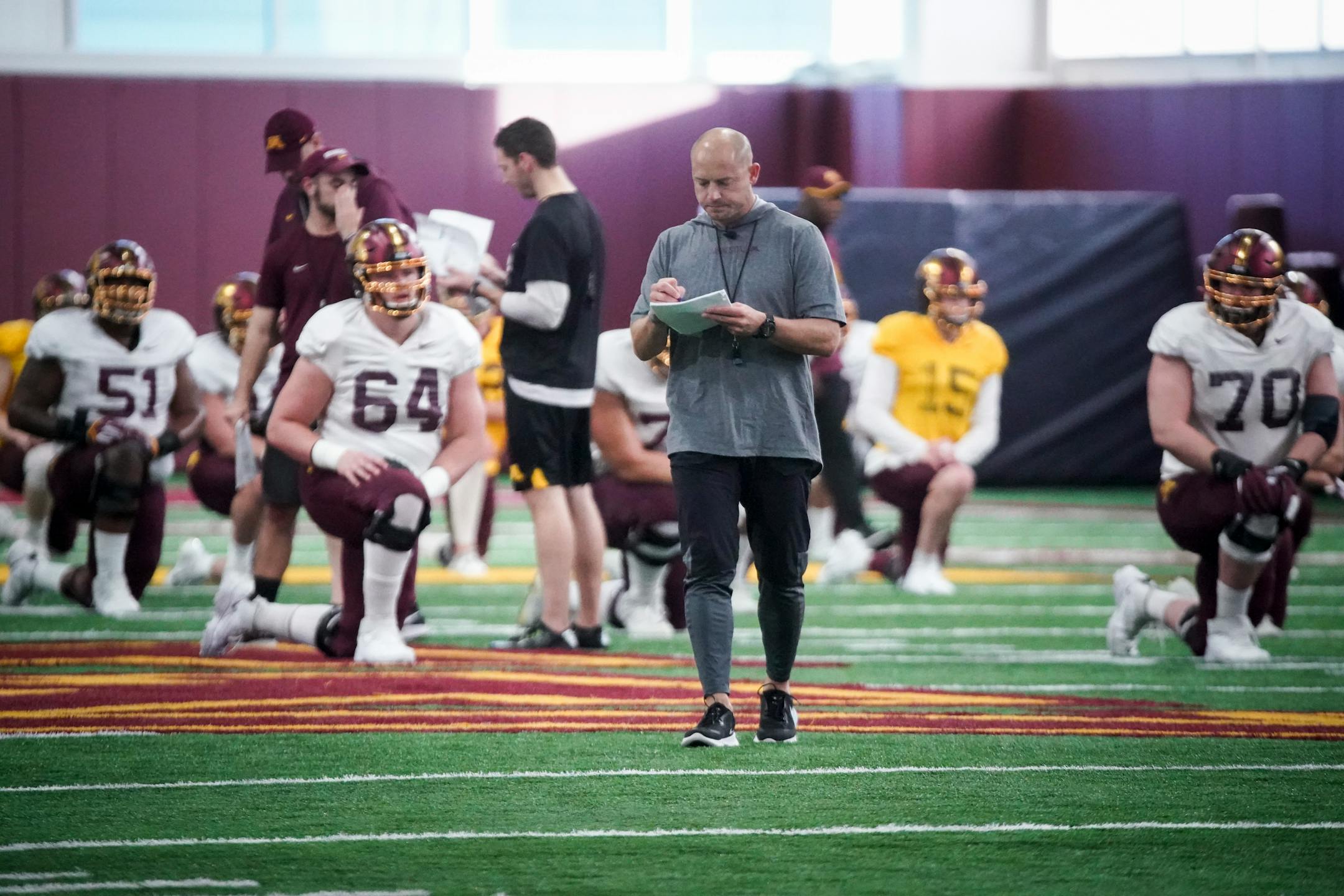 Coach P.J. Fleck gathered the Gophers football team for practice in early March, but coronavirus concerns have postponed spring practices for the foreseeable future.