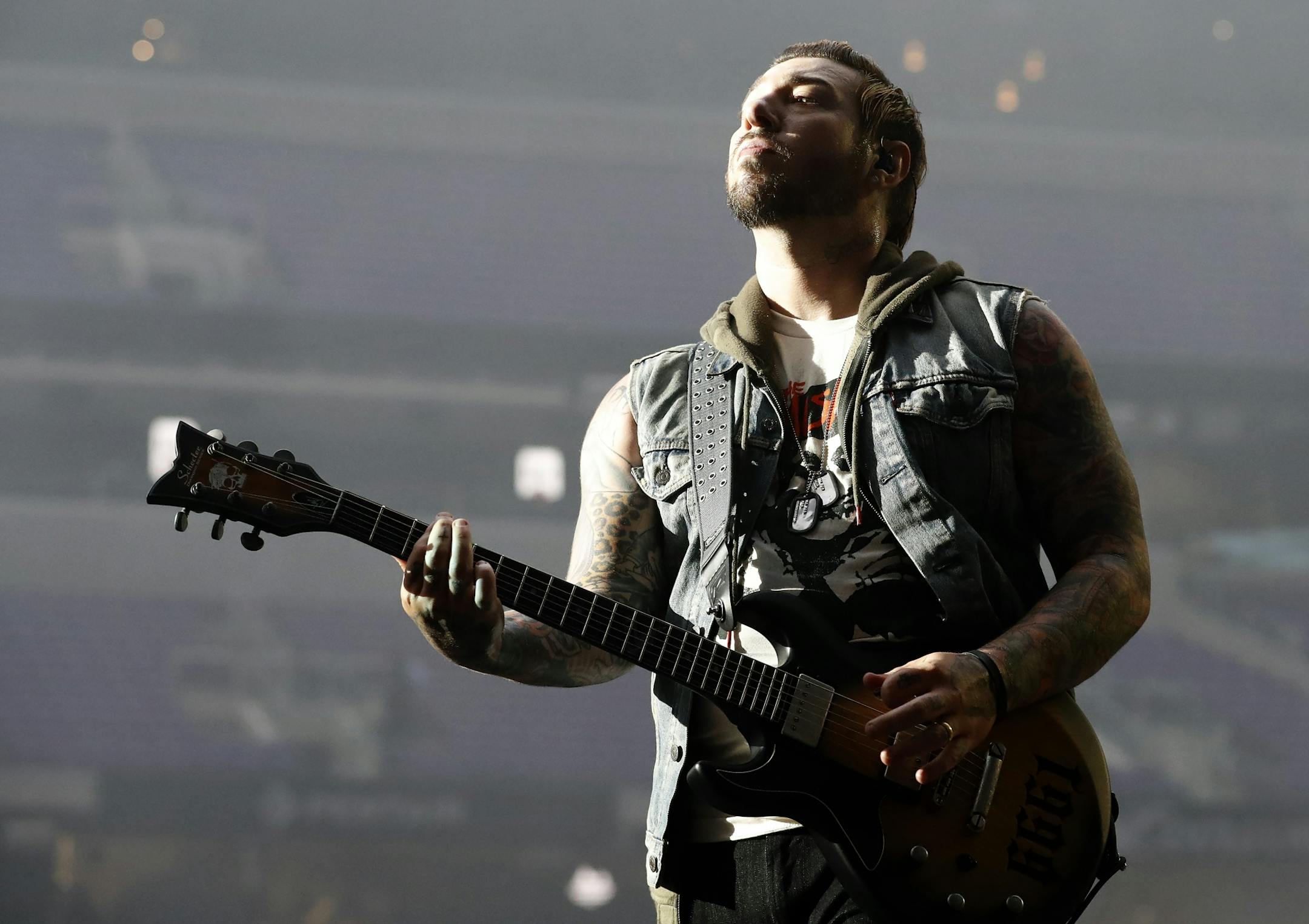 Guitarist Zacky Vengeance of Avenged Sevenfold performed at US Bank Stadium on Saturday night.