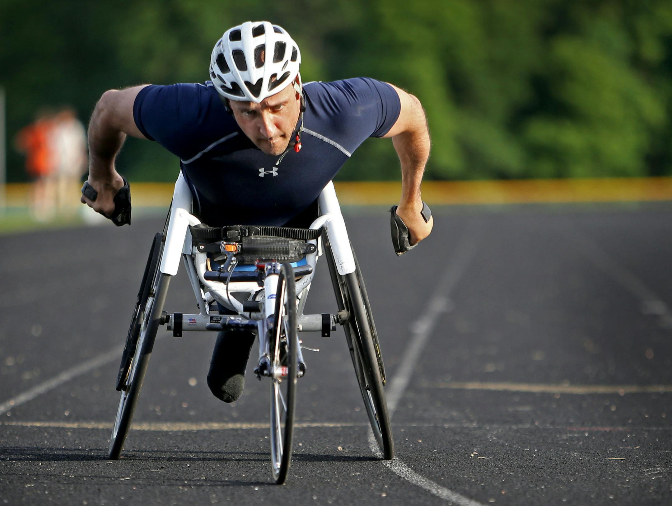 Paul Nitz, 46, a five-time Paralympian who grew up in Minnesota and has won four Paralympic gold medals in wheelchair sprints. Nitz moved away from Minnesota and recently moved back and is training for next year's Paralympics in Rio Di Janeiro and was seen Friday, June 12, 2015, at the Mound-Westtonka High track in Minnetrista, MN. ](DAVID JOLES/STARTRIBUNE)djoles@startribune.com Paul Nitz, a five-time Paralympian who grew up in Minnesota and has won four Paralympic gold medals in wheelchair spr