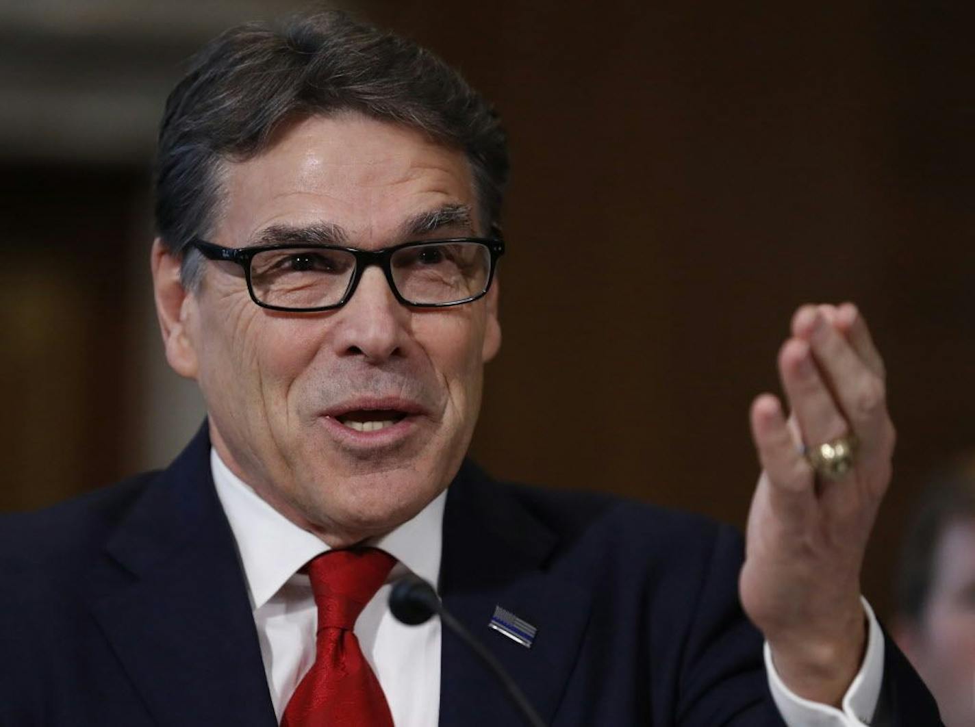 Energy Secretary-designate, former Texas Gov. Rick Perry, testifies on Capitol Hill in Washington, Thursday, Jan. 19, 2017, at his confirmation hearing before the Senate Energy and Natural Resources Committee.