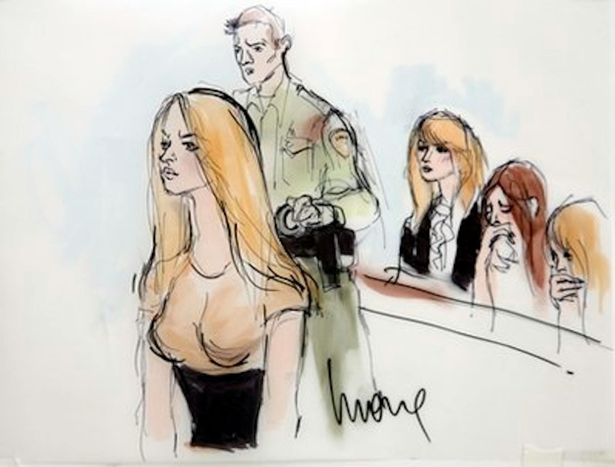In a courtroom sketch drawn by Mona Shafer Edwards, actress Lindsay Lohan is taken into custody at court in Beverly Hills, Calif., on Tuesday, July 20, 2010. Lohan was sentenced to 90 days in jail for violating the terms of her probation. (AP Photo/Mona Shafer Edwards)`