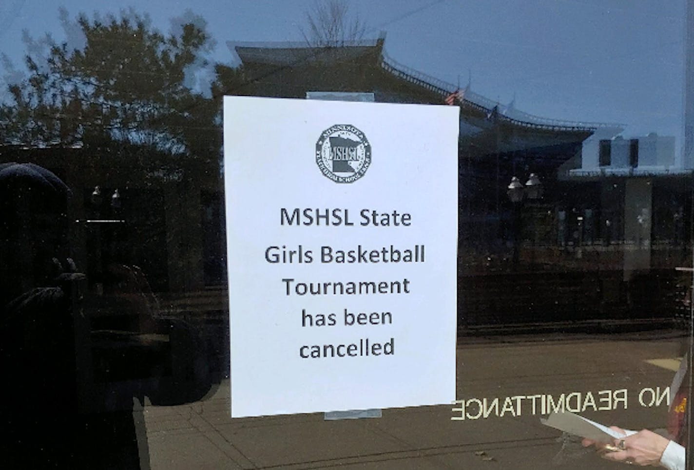 This sign was put up on a door at Williams Arena on Friday morning.