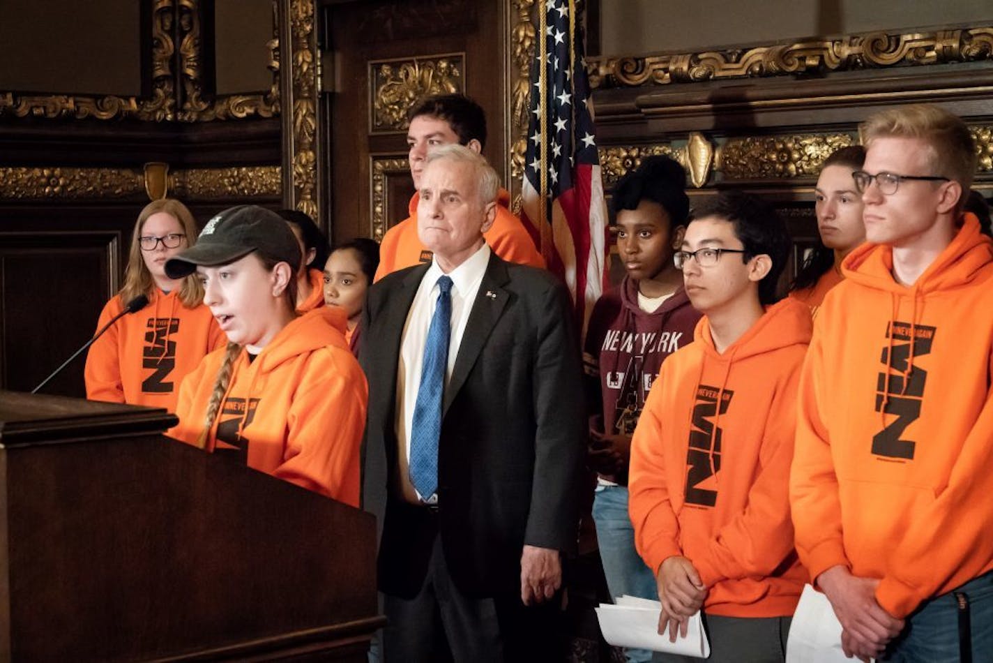 Surrounded by Twin Cities high school students who travelled to Washington, D.C. for the gun march, Governor Dayton held a news conference calling for Republican leaders to take action to reduce gun violence. In the front row are Elliott Gunderman from Patrick Henry High School and Jorge Esperanza and Joe Weikert, both from Henry Sibley High School.