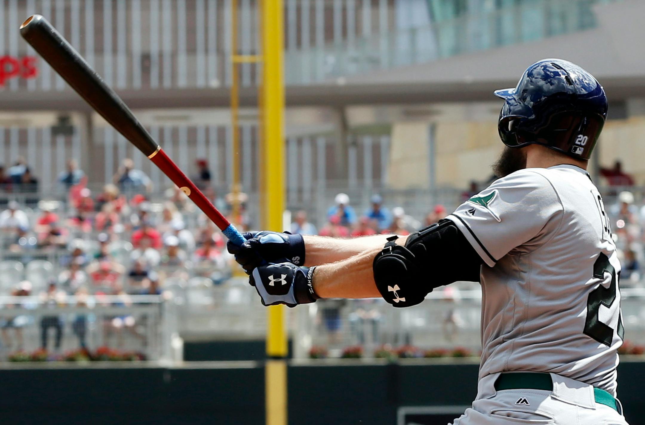 Tampa Bay Rays' Steven Souza Jr. hits into a fielder's choice for an RBI off Minnesota Twins pitcher Kyle Gibson in the first inning of a baseball game Sunday, May 28, 2017, in Minneapolis. (AP Photo/Jim Mone)