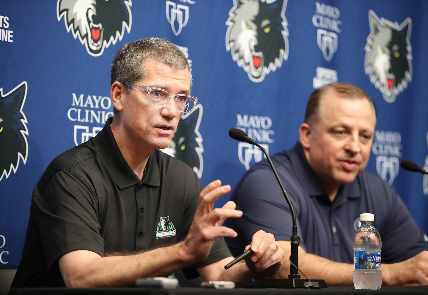 Timberwolves GM Scott Layden, left, and coach Tom Thibodeau