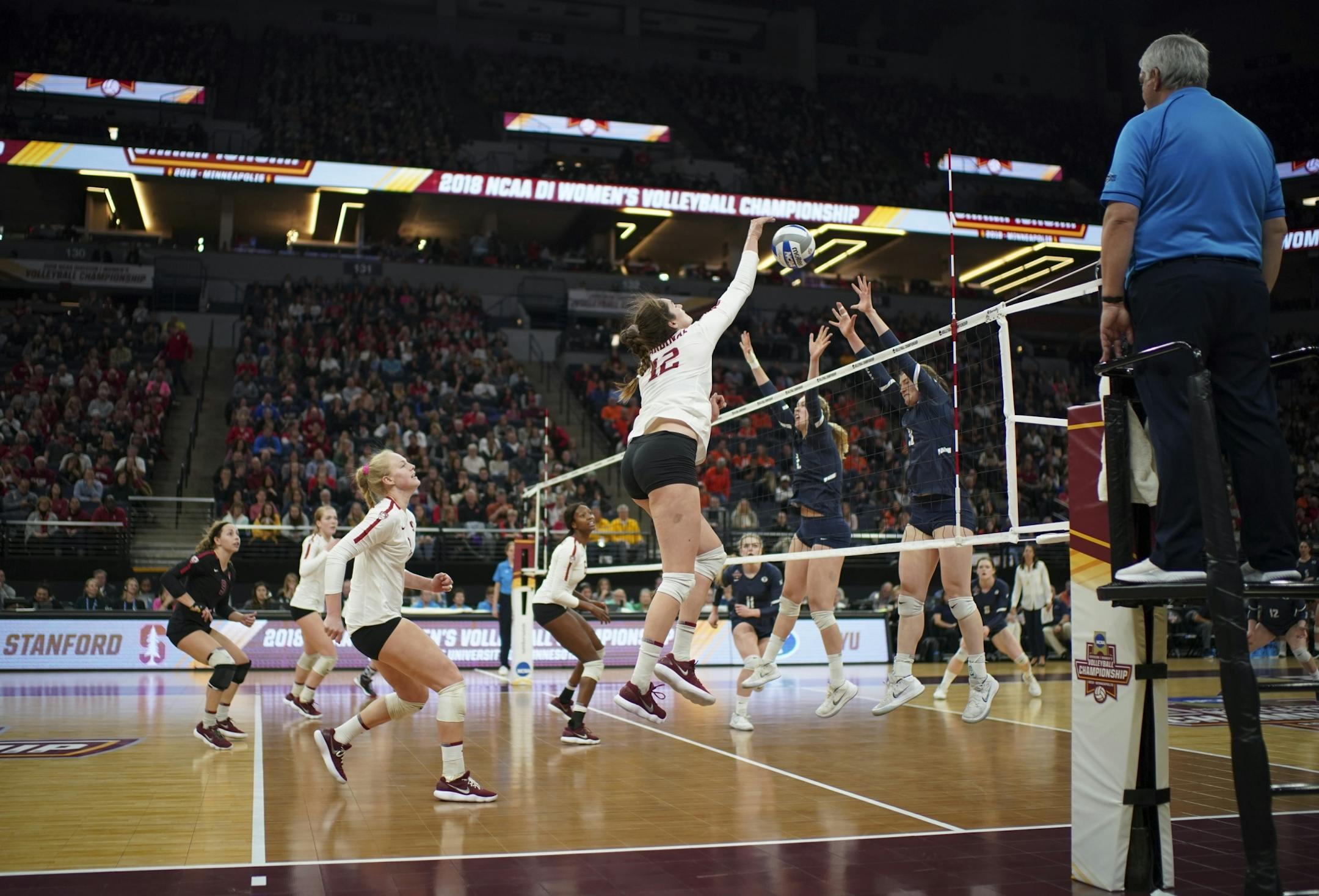 Stanford's Audriana Fitzmorris with a spike late in the final set against BYU.