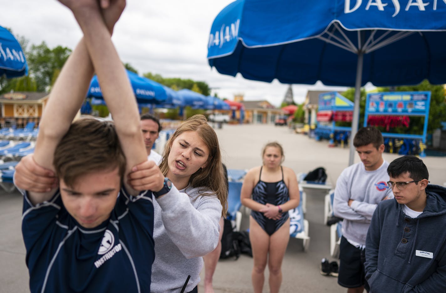 Aimee Ilkka, 19, of New Prague, led a training session for lifeguards at the Valleyfair water park.