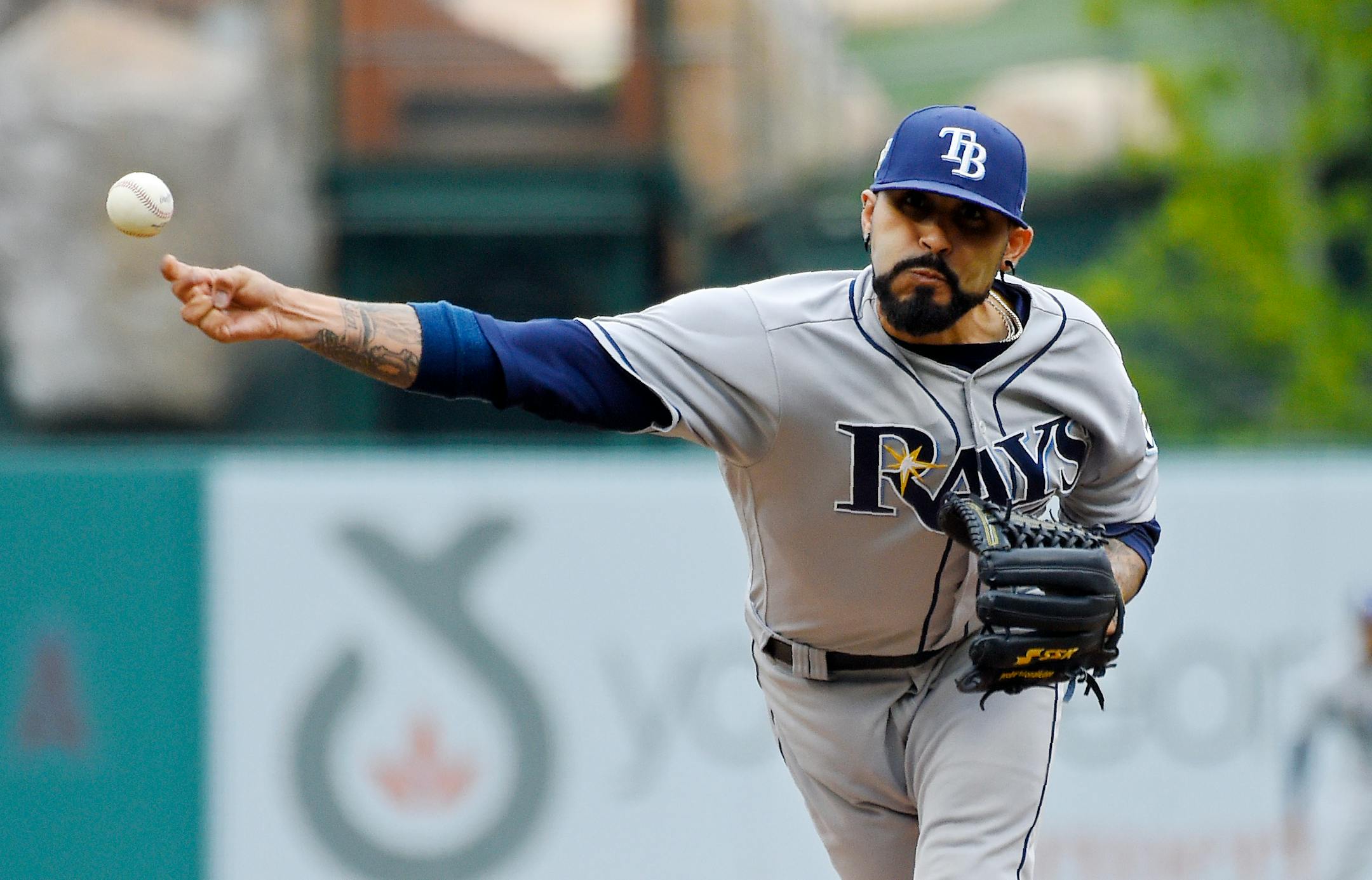 Tampa Bay Rays starting pitcher Sergio Romo throws to the plate during the first inning of a baseball game against the Los Angeles Angels, Sunday, May 20, 2018, in Anaheim, Calif. (AP Photo/Mark J. Terrill)