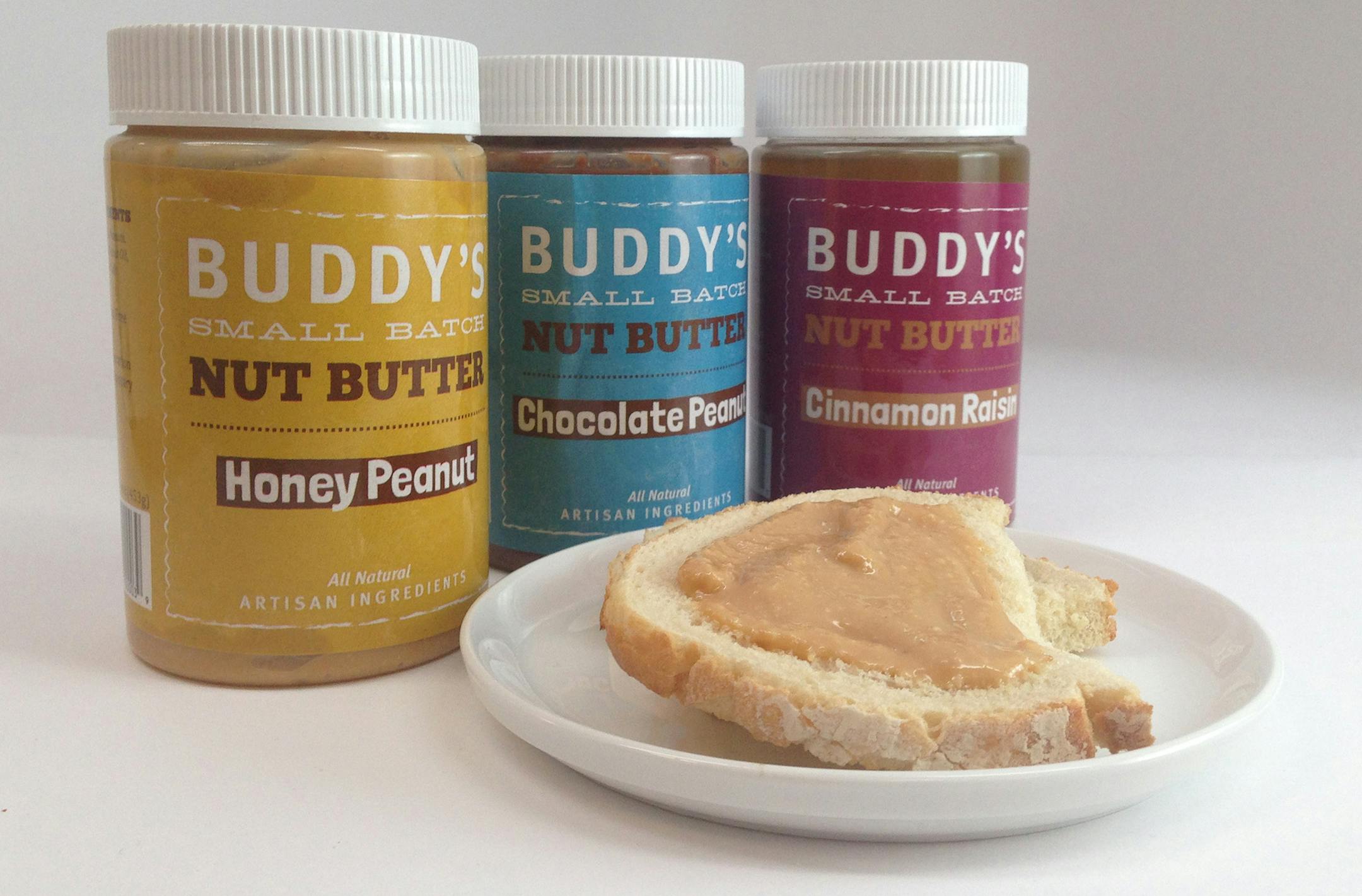 Buddy's Small Batch Nutter Butter, in three flavors: Honey Peanut, Chocolate Peanut, Cinnamon Raisin.