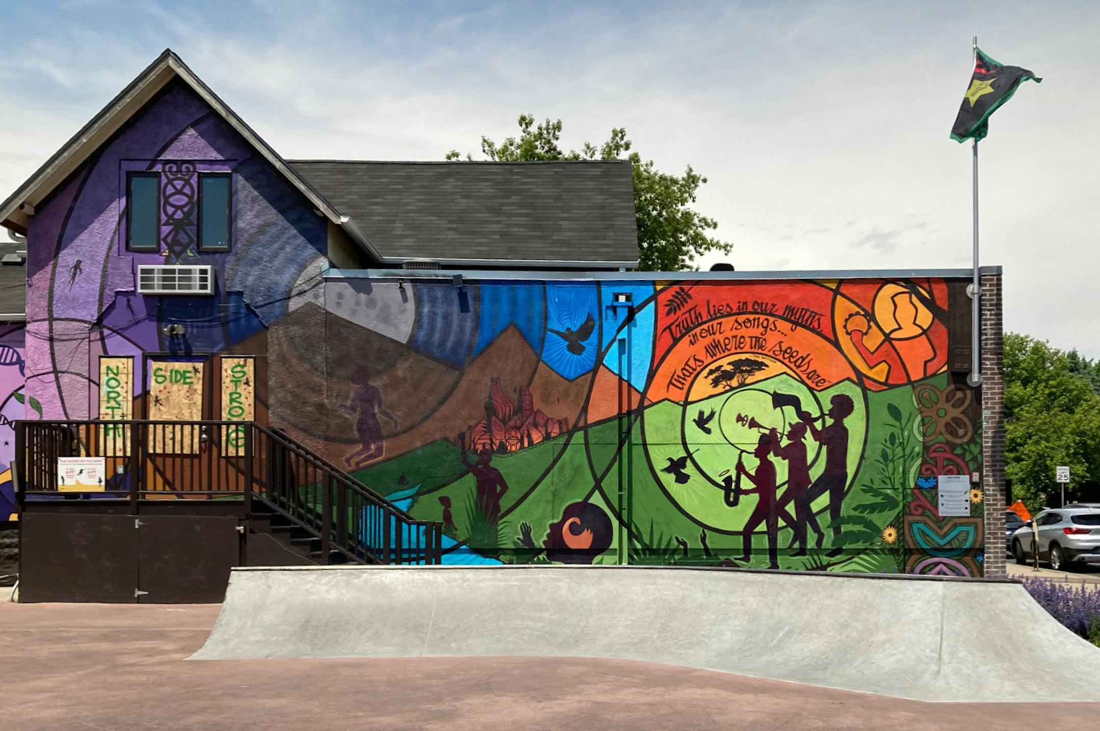 Boarded-up and damaged Juxtaposition Arts