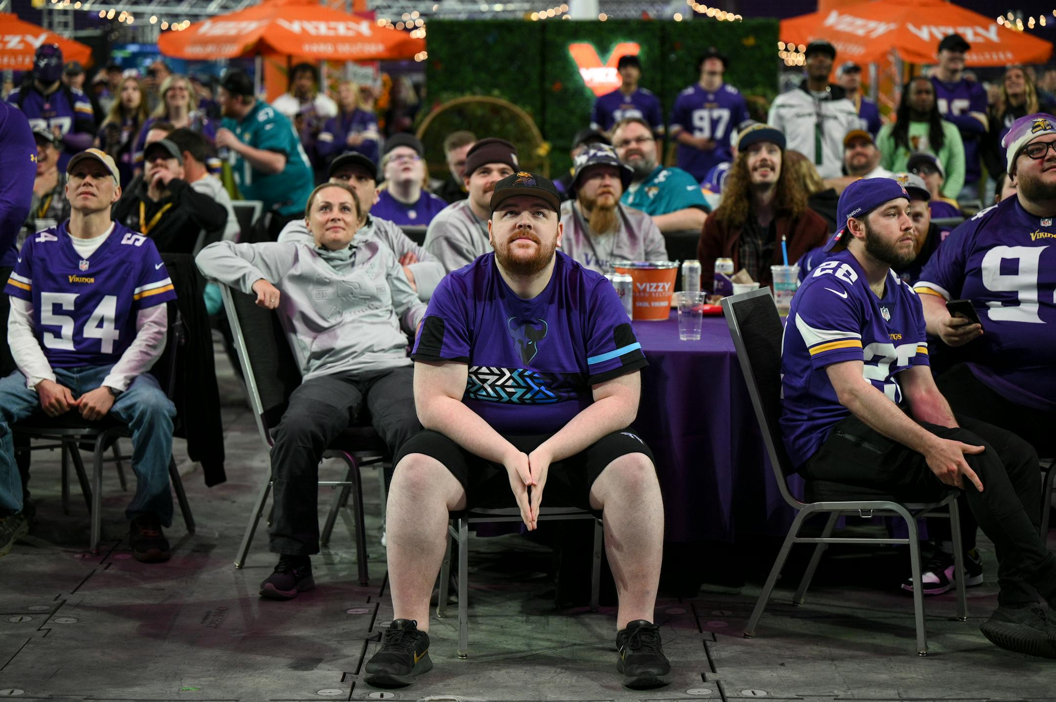 Fans eagerly await the Vikings' first round draft pick during the Vikings NFL Draft Party.