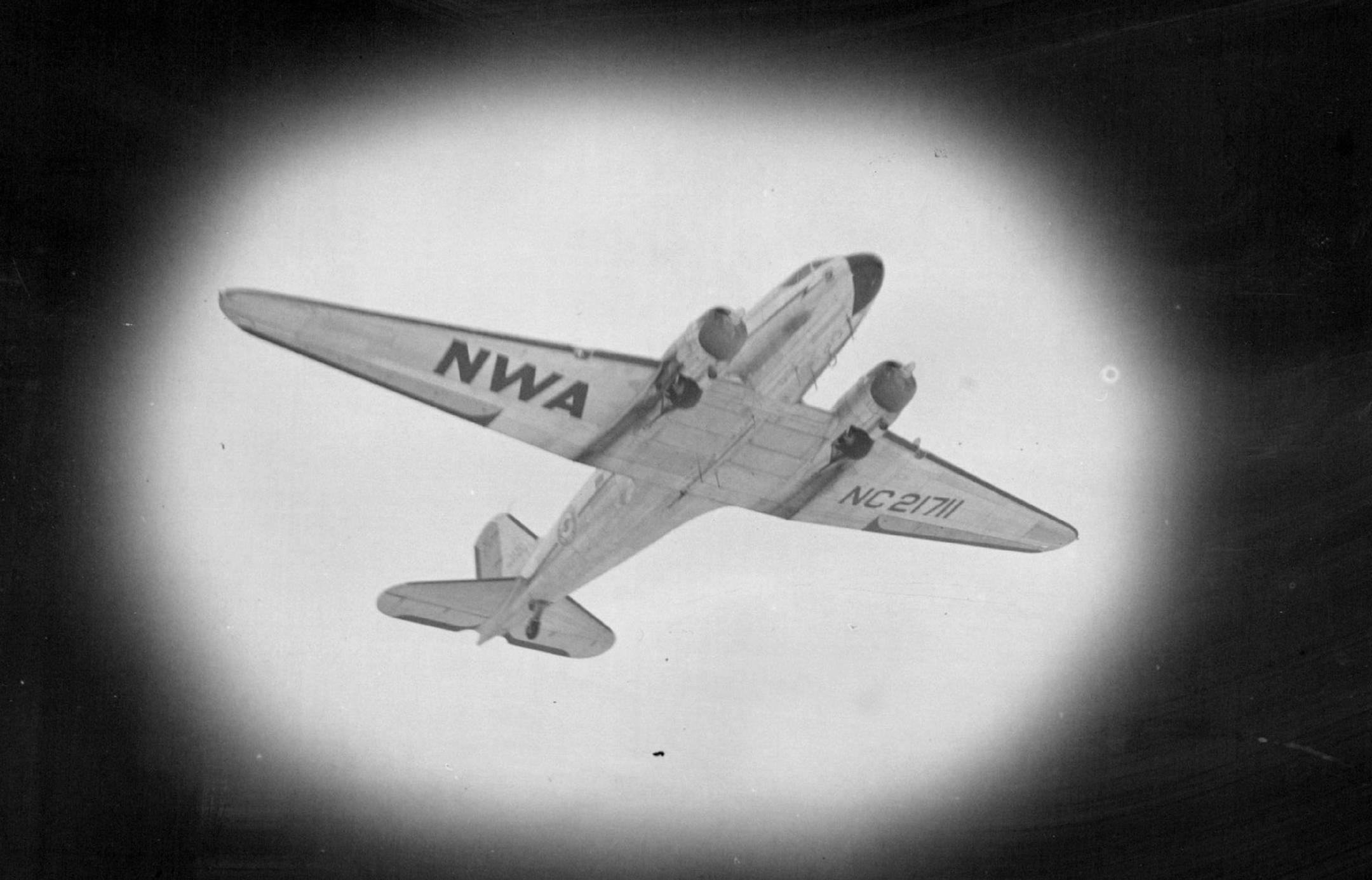 October 30, 1941 This picture of a 21-passenger Douglas Northwest airlines plane was taken over the Minneapolis airport by a mechanic who is a candid camera fan.