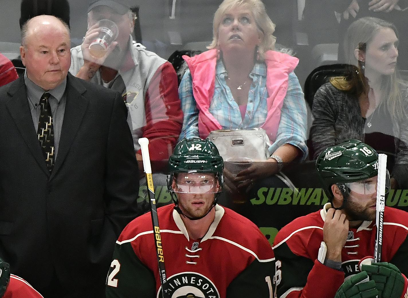 Minnesota Wild head coach Bruce Boudreau watched gameplay in the final moments of the first period Saturday. ] (AARON LAVINSKY/STAR TRIBUNE) aaron.lavinsky@startribune.com The Minnesota Wild played the Winnipeg Jets in their final preseason game on Saturday, Oct. 8, 2016 at Xcel Energy Center in St. Paul, Minn.