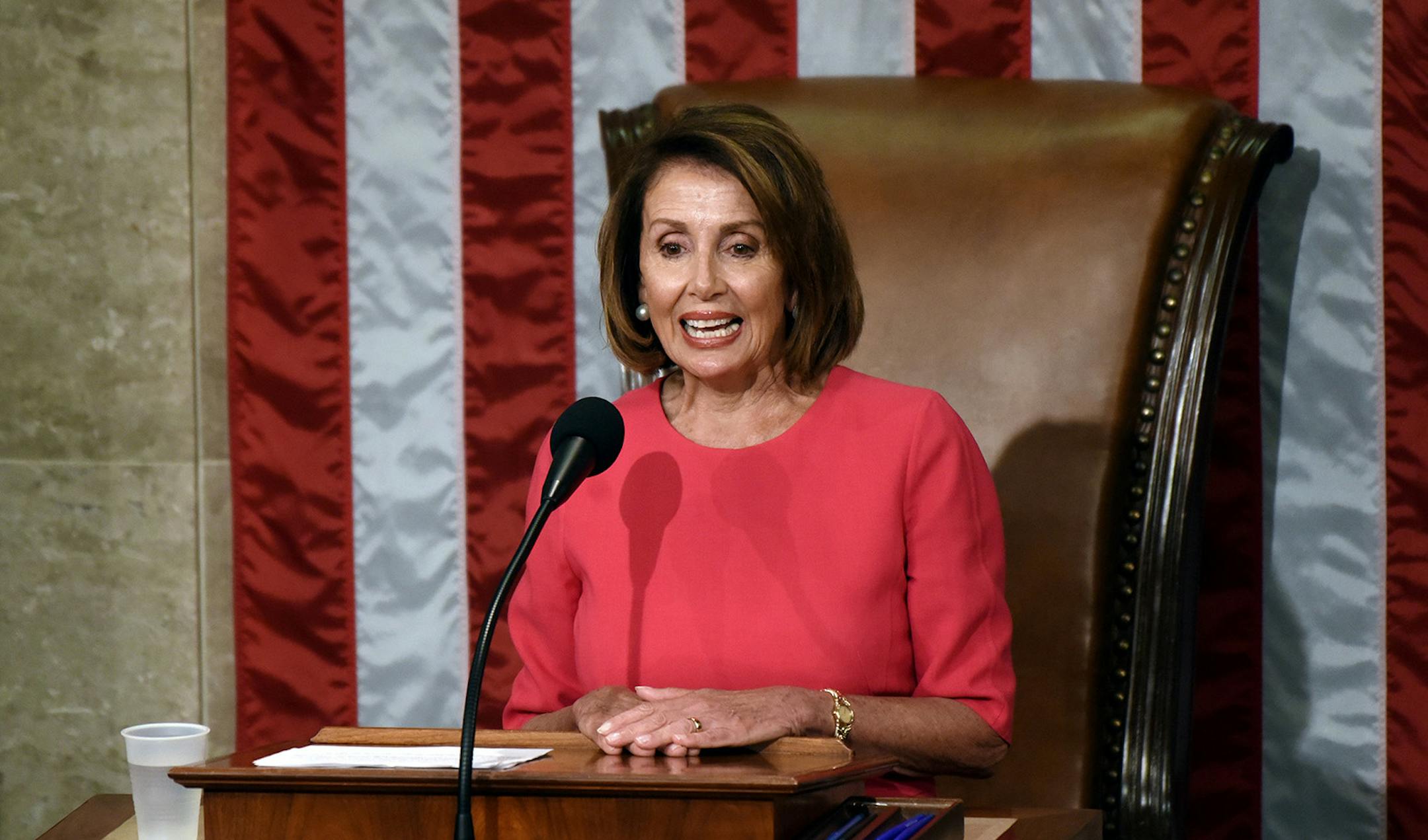 Newly elected Speaker of the House Nancy Pelosi speaks during the 116th Congress on the floor of the U.S. House of Representatives at the U.S. Capitol on Jan. 3, 2019 in Washington, D.C. (Olivier Douliery/Abaca Press/TNS) ORG XMIT: 1262625