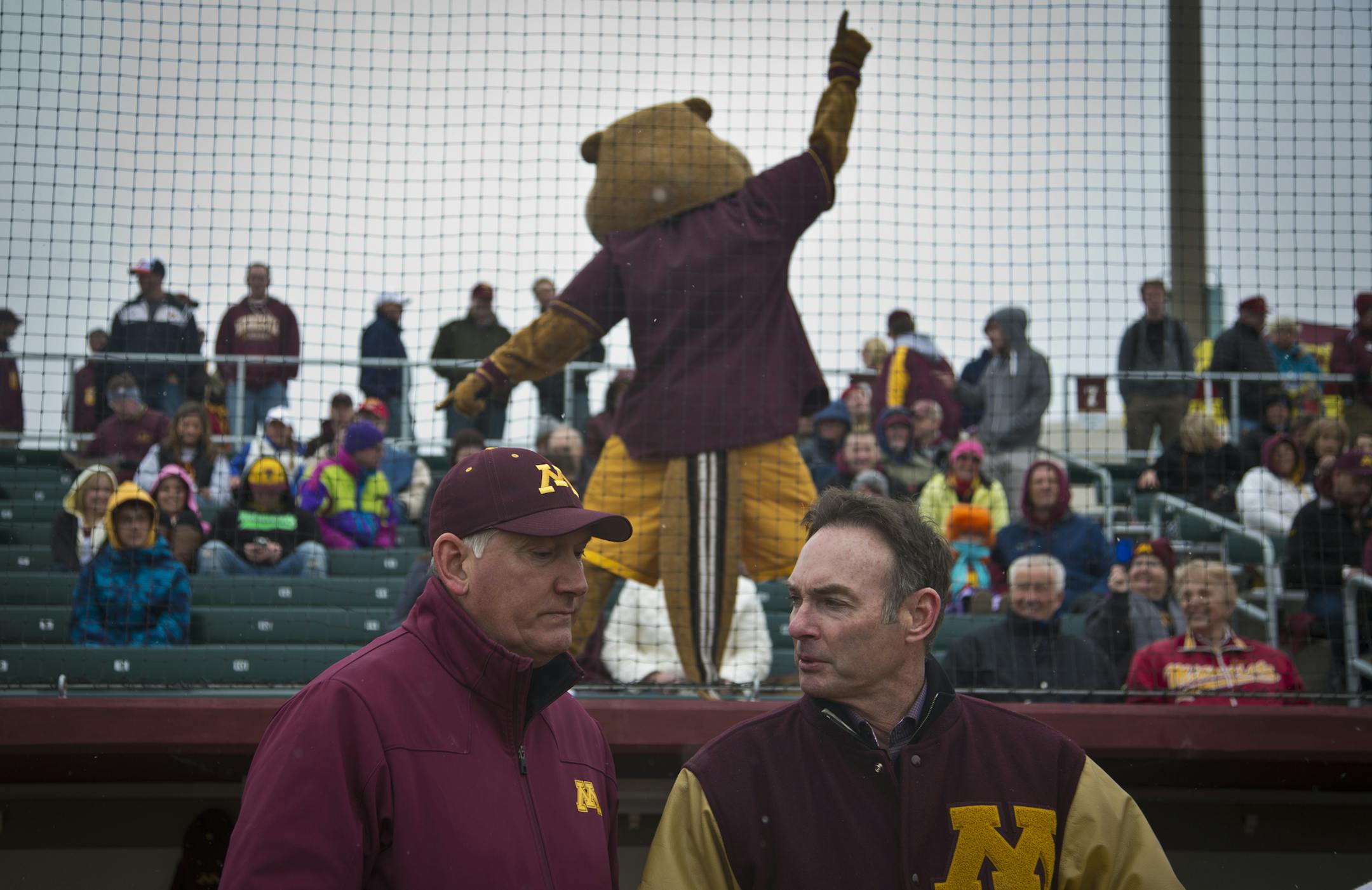 Gophers head coach John Anderson chatted with former Gophers and Twins player Paul Molitor on opening day at the new Siebert Field in Minneapolis.