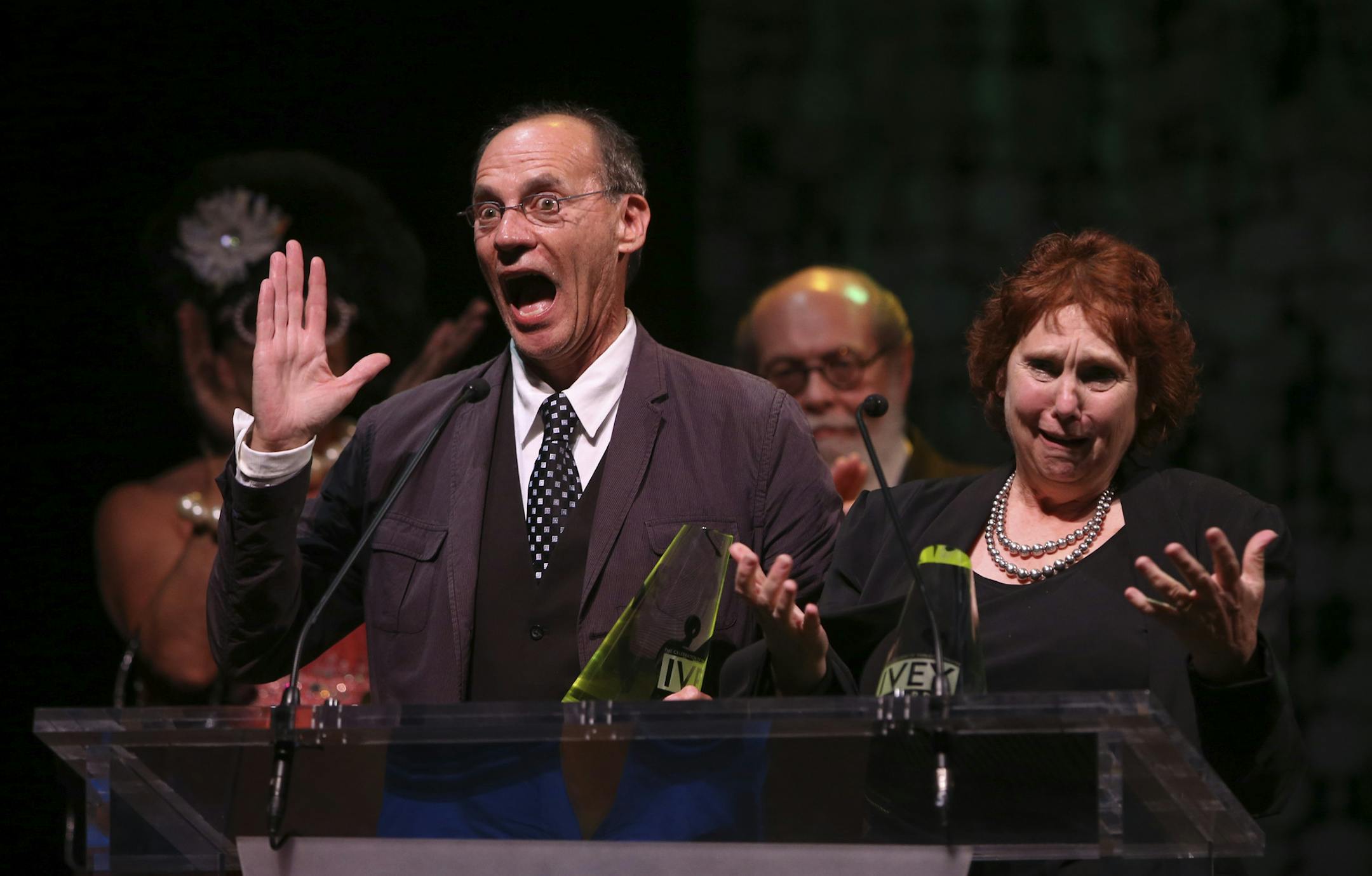 Bonnie Morris and Michael Robins, producing directors of Illusion Theatre, were given the 2014 Lifetime Achievement award at the Ivey Awards Monday night. The award is voted on by the artistic directors of member theaters in the community. ] JEFF WHEELER ‚Ä¢ jeff.wheeler@startribune.com The tenth annual Ivey Awards celebration took place Monday night, September 22, 2014 at the Historic State Theatre. The event recognizes work by theater organizations and individuals over the las